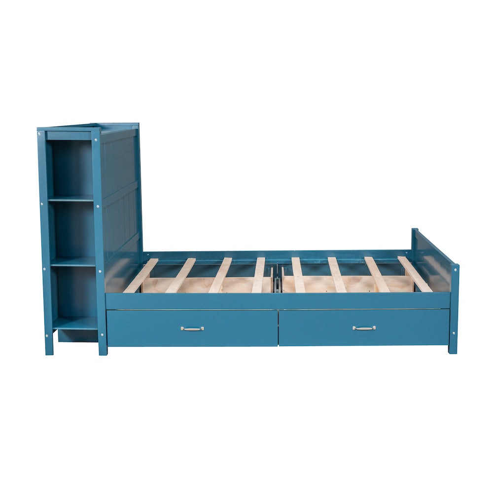 WM Store Full Size Platform Bed with Shelves & Storage Trundle - Blue