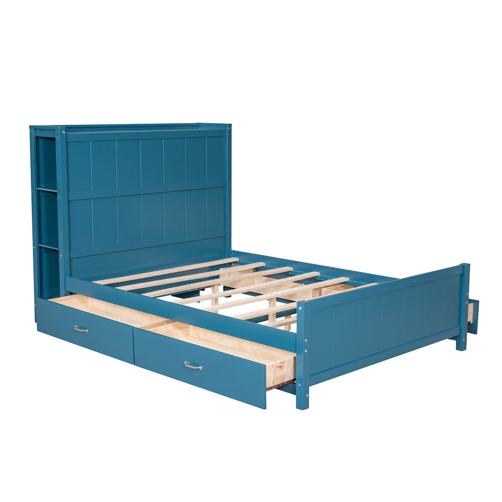 WM Store Full Size Platform Bed with Shelves & Storage Trundle - Blue