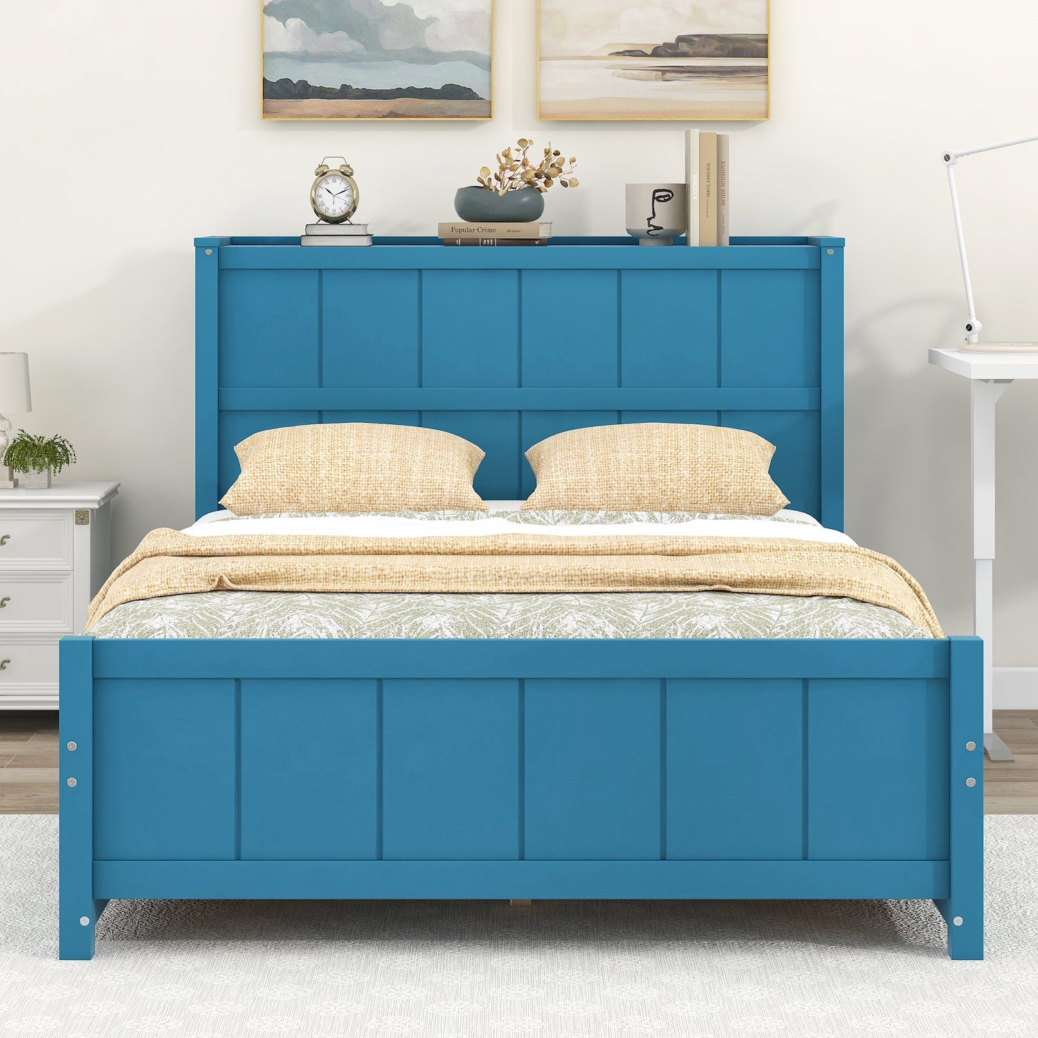 WM Store Full Size Platform Bed with Shelves & Storage Trundle - Blue