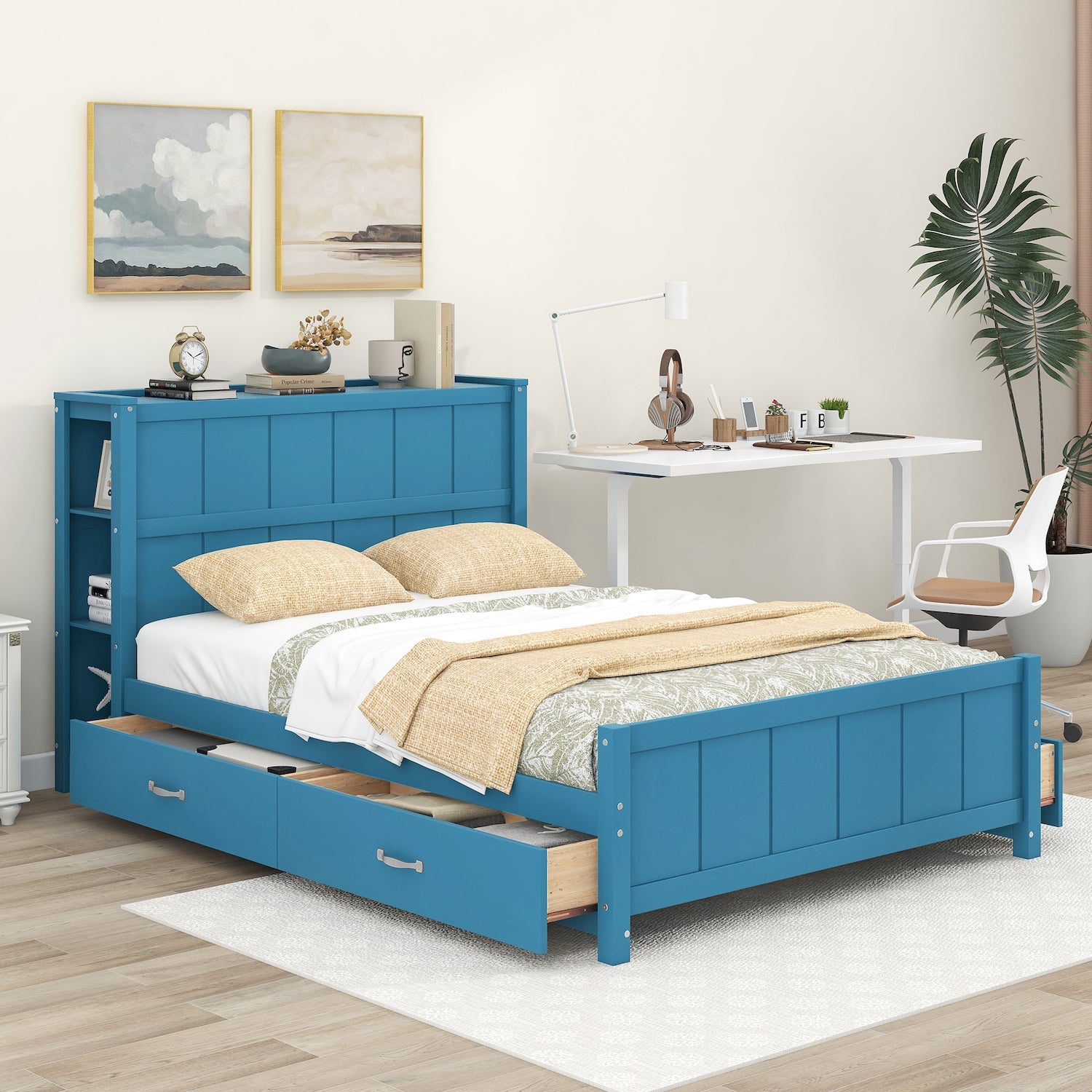 WM Store Full Size Platform Bed with Shelves & Storage Trundle - Blue