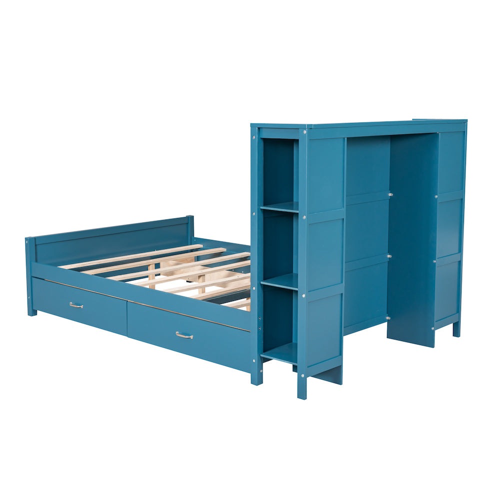 WM Store Full Size Platform Bed with Shelves & Storage Trundle - Blue