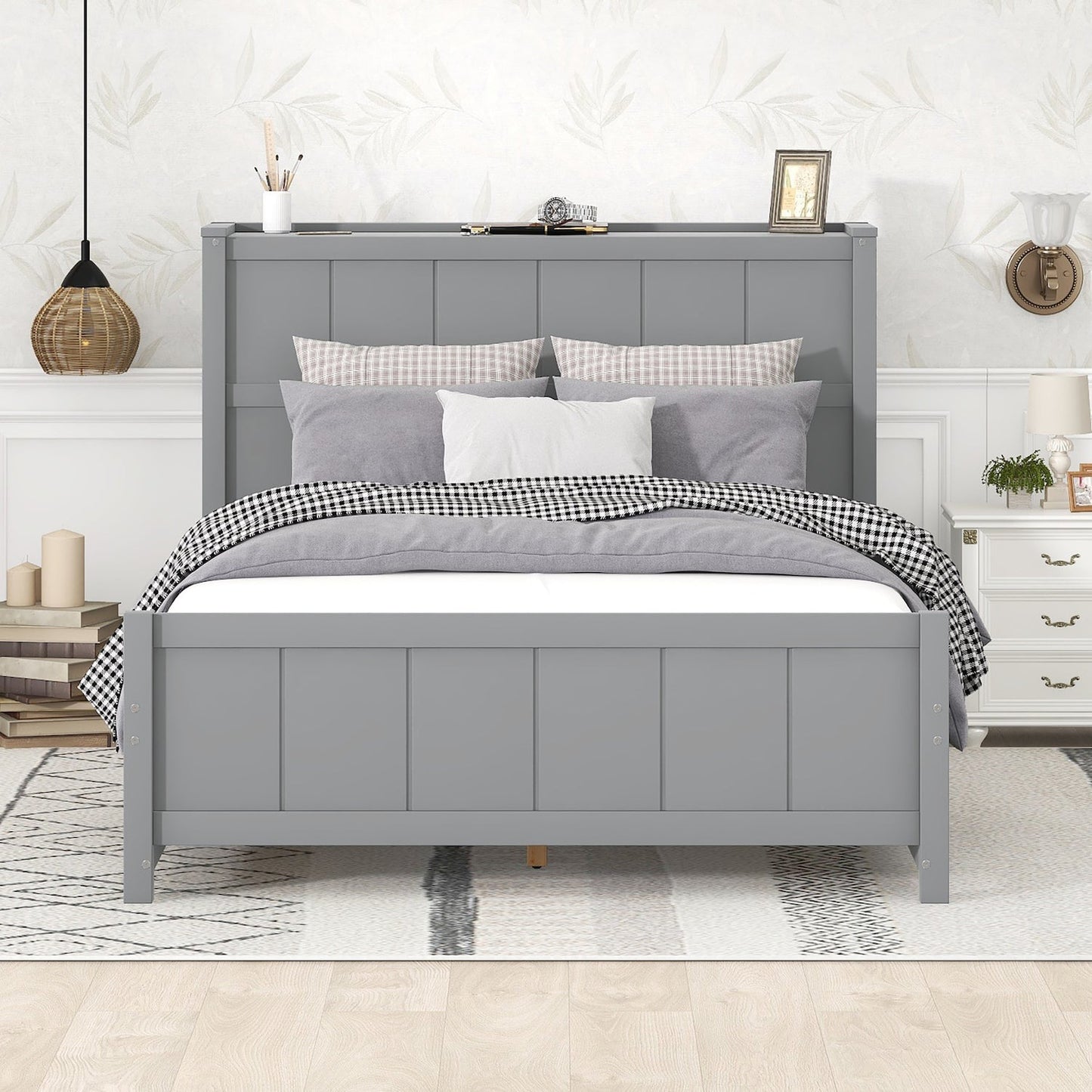 WM Store Full Size Platform Bed with Shelves & Storage Trundle - Gray