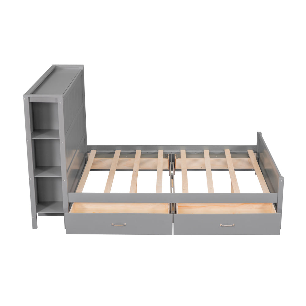 WM Store Full Size Platform Bed with Shelves & Storage Trundle - Gray