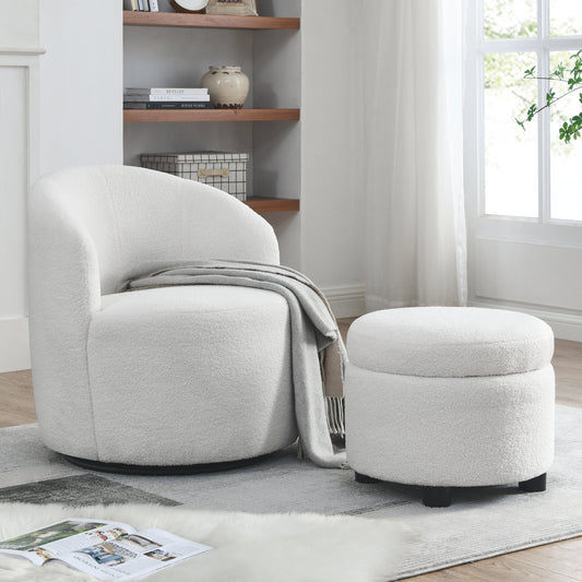 Welike Modern Teddy Fabric Barrel Chair & Ottoman Set - White