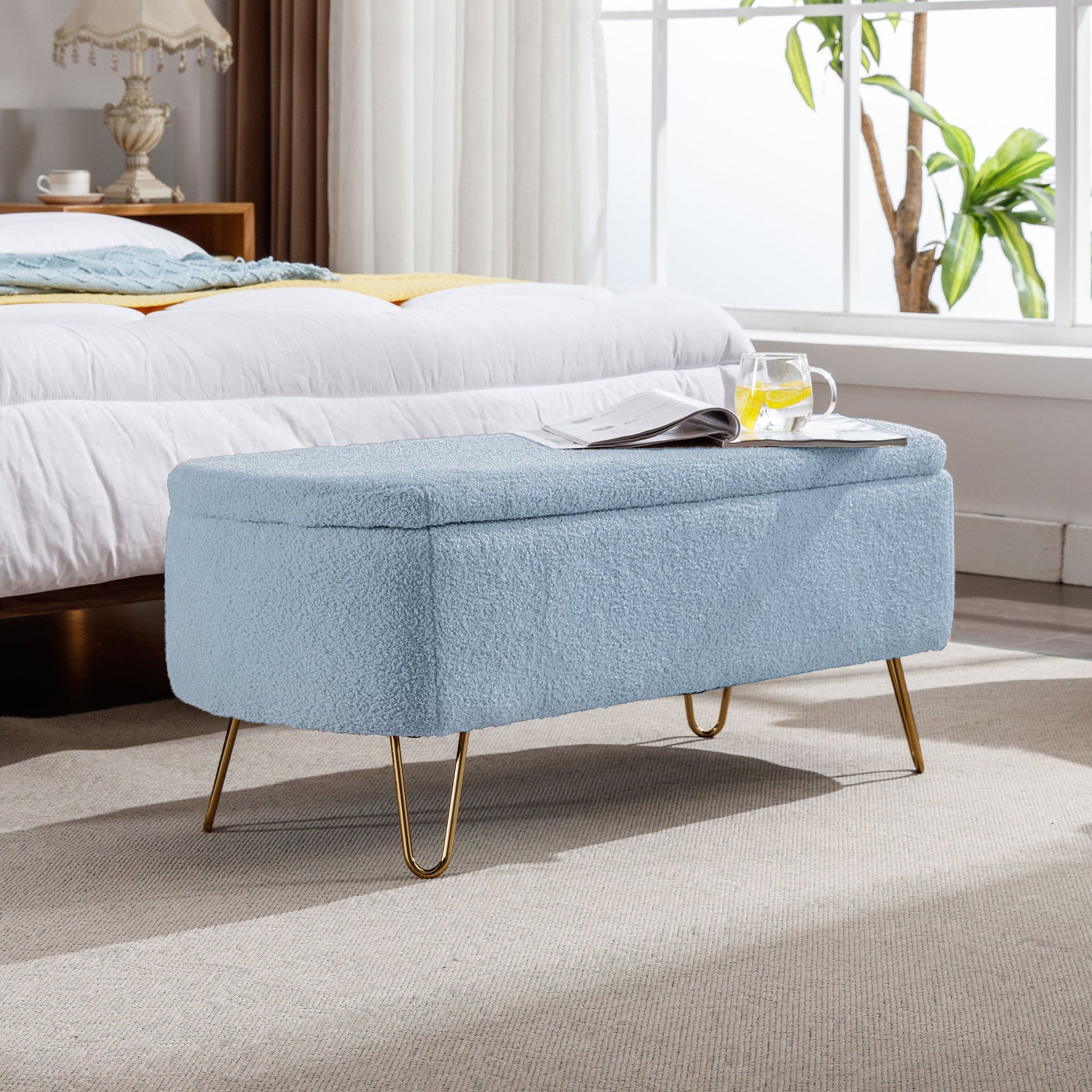 Zen Zone Modern Teddy Fabric Upholstered Bench - Blue