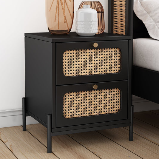 Dalton Modern Cannage & Rattan 2-Drawer Nightstand - Black