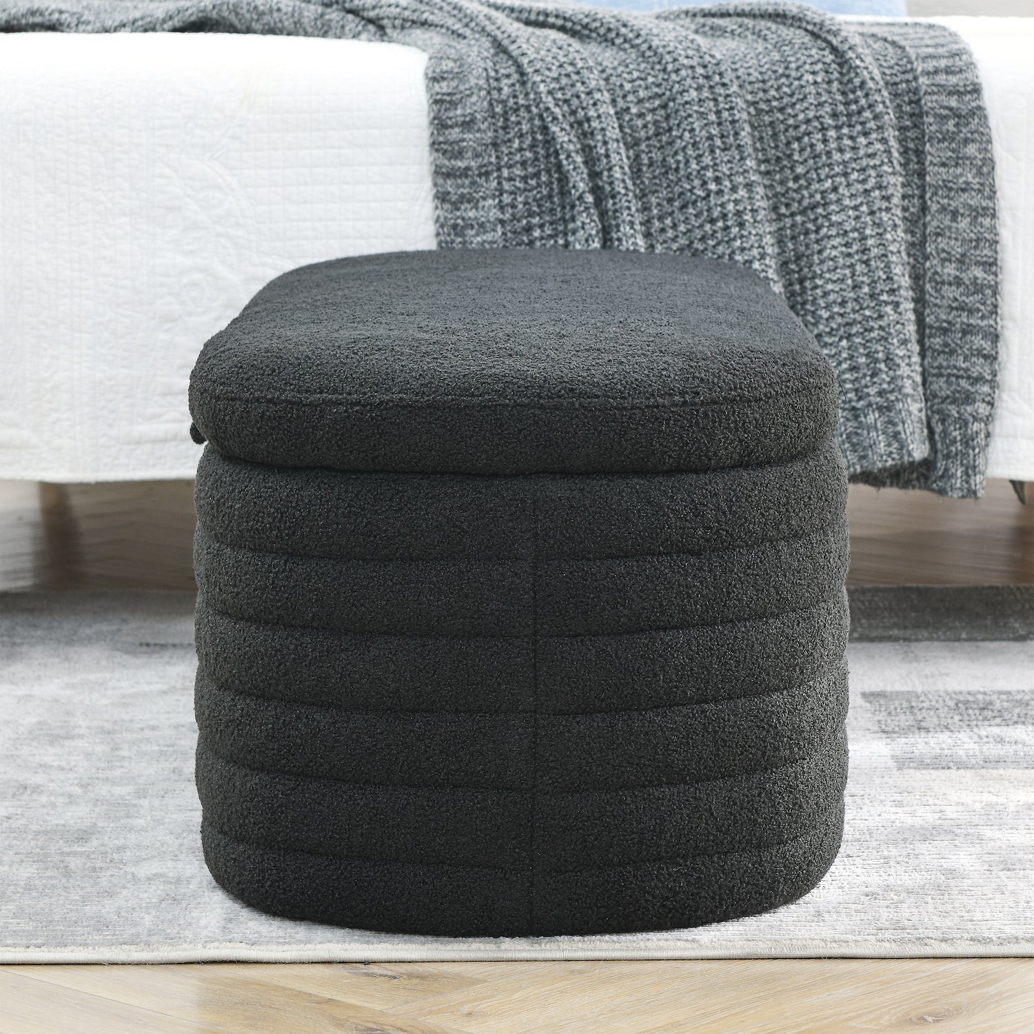 WeLike 45.5" Storage Bench in Black Teddy Fabric