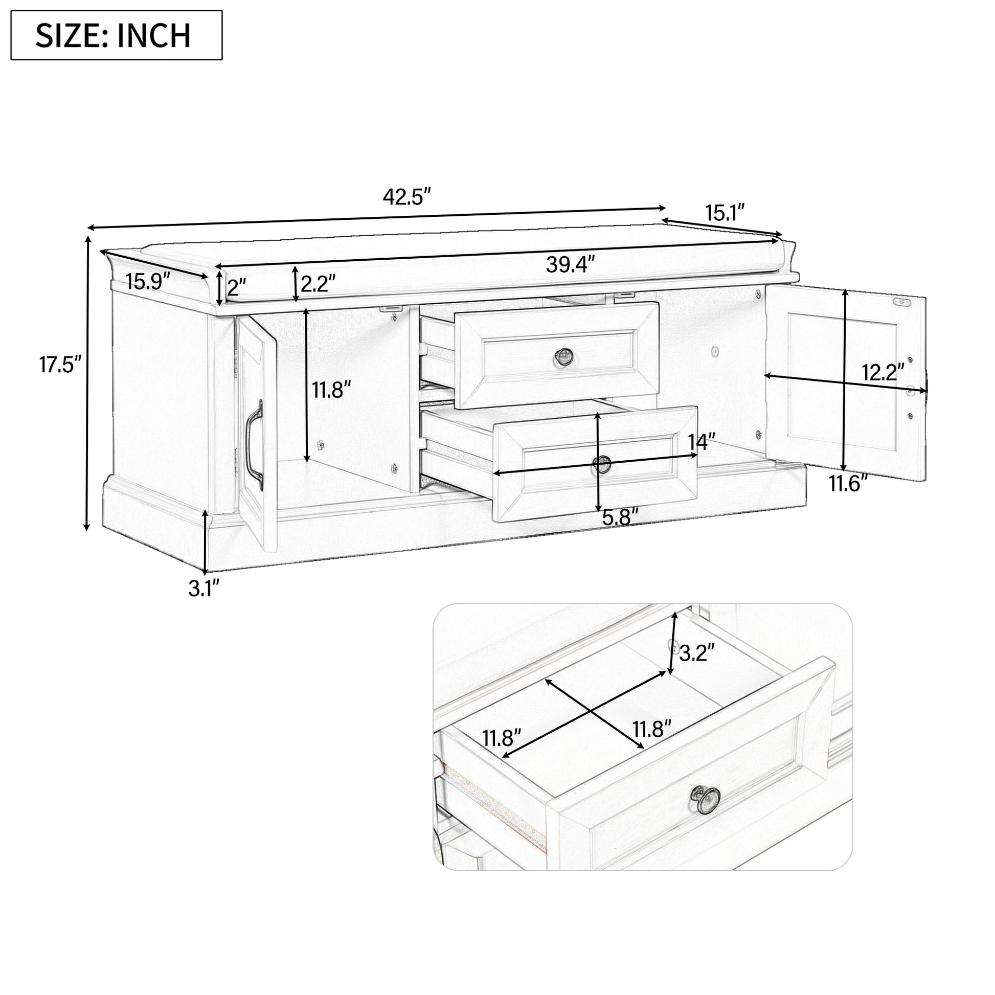 TREXM Storage Bench with 2 Drawers and 2 Cabinets - White