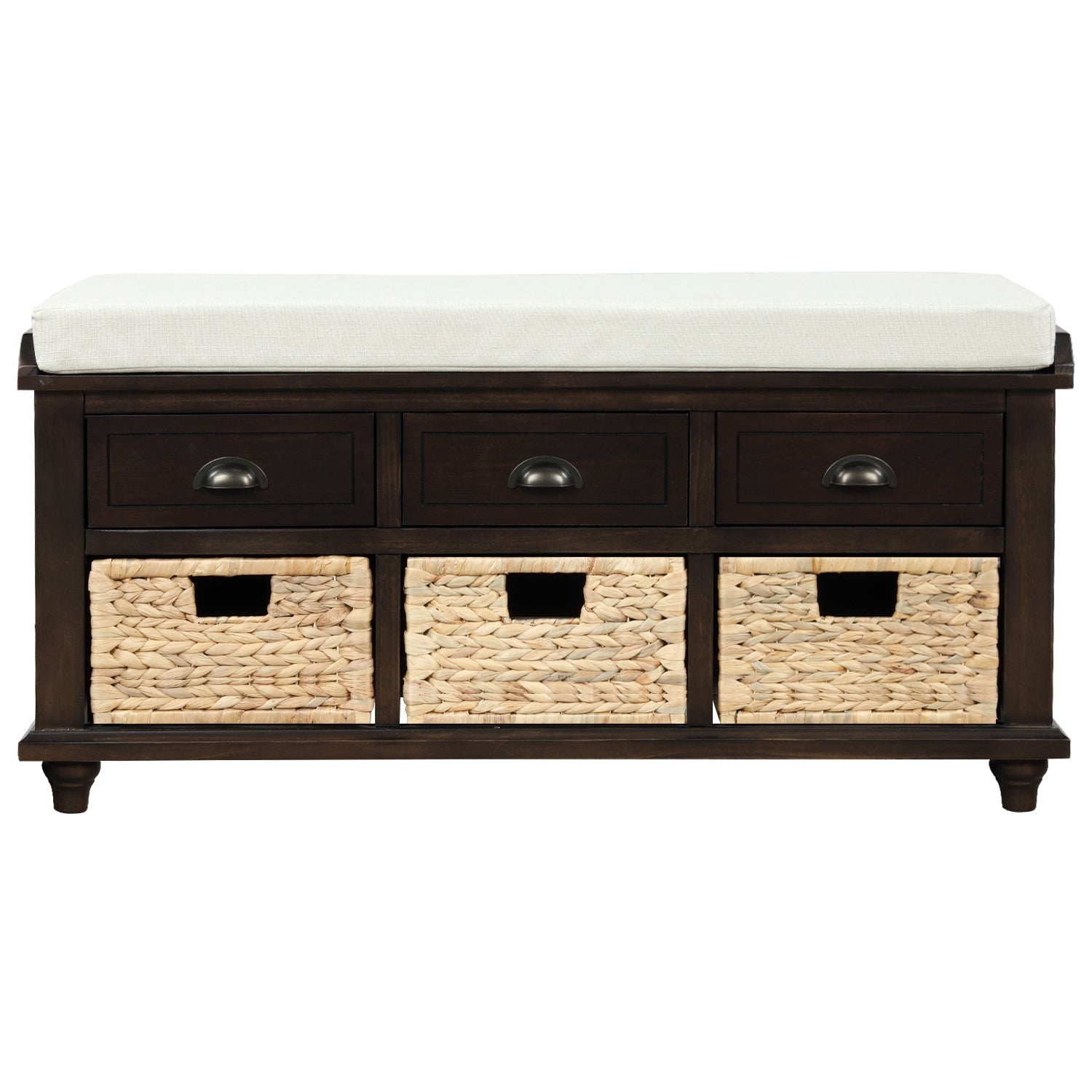 TREXM Rustic Storage Bench with 3 Drawers and 3 Rattan Baskets - Espresso