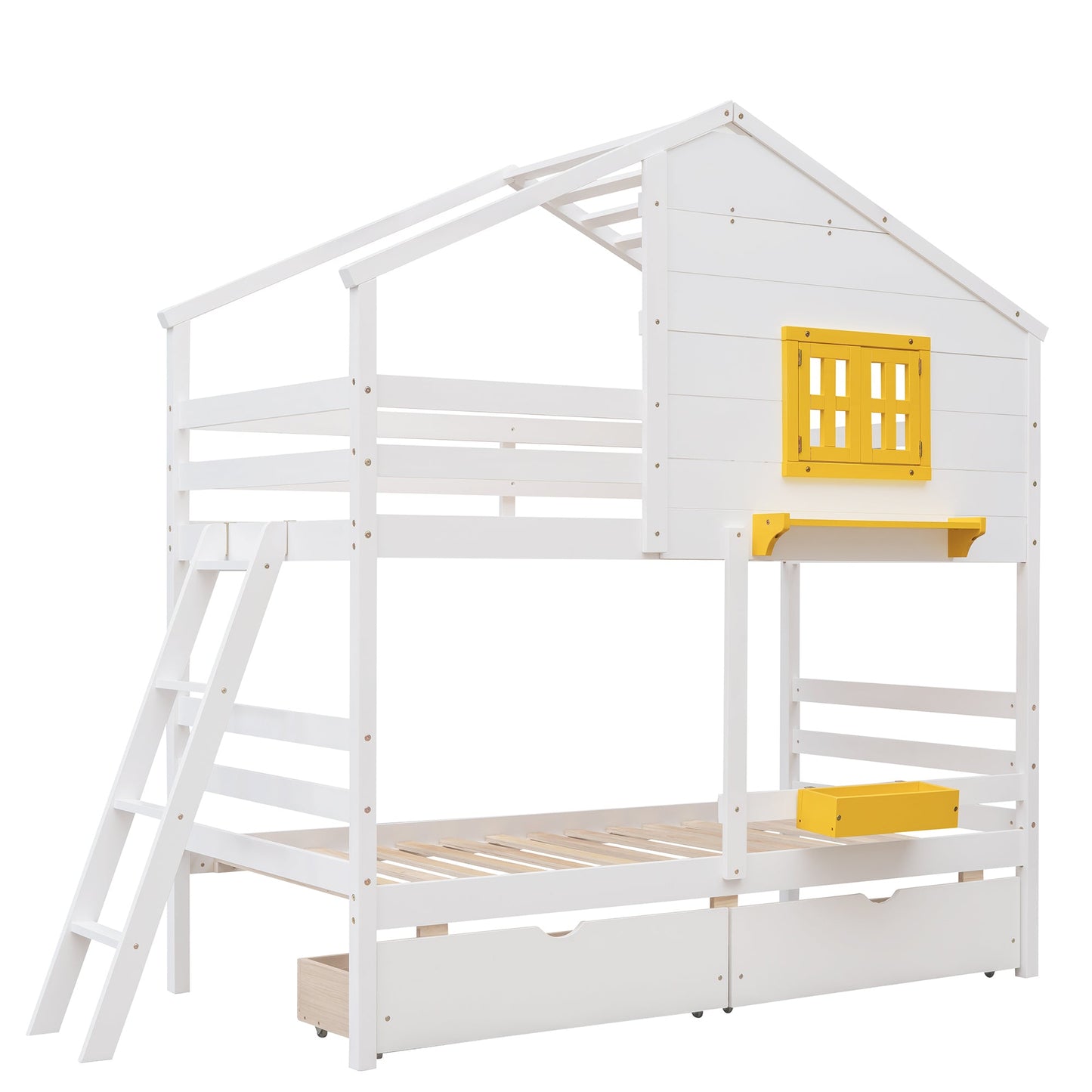 Twin over Twin Bunk Bed with 2 Drawers, 1 Storage Box, 1 Shelf - White