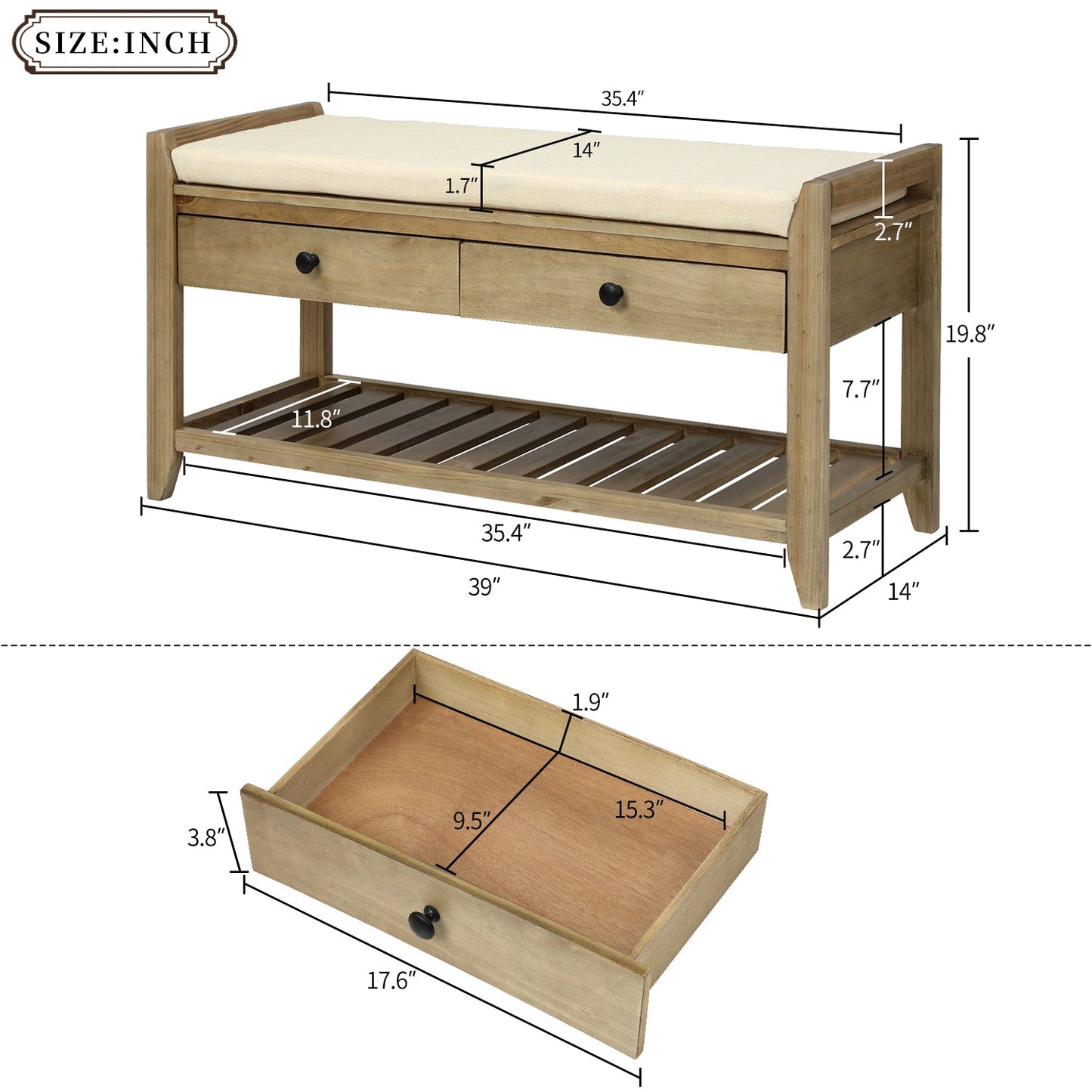 TREXM Entryway Storage Bench with Shoe Rack - Gray Wash