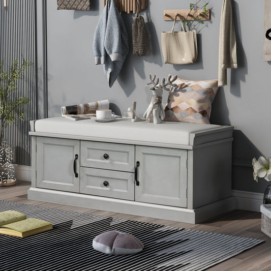 TREXM Storage Bench with 2 Drawers and 2 Cabinets - Gray Wash