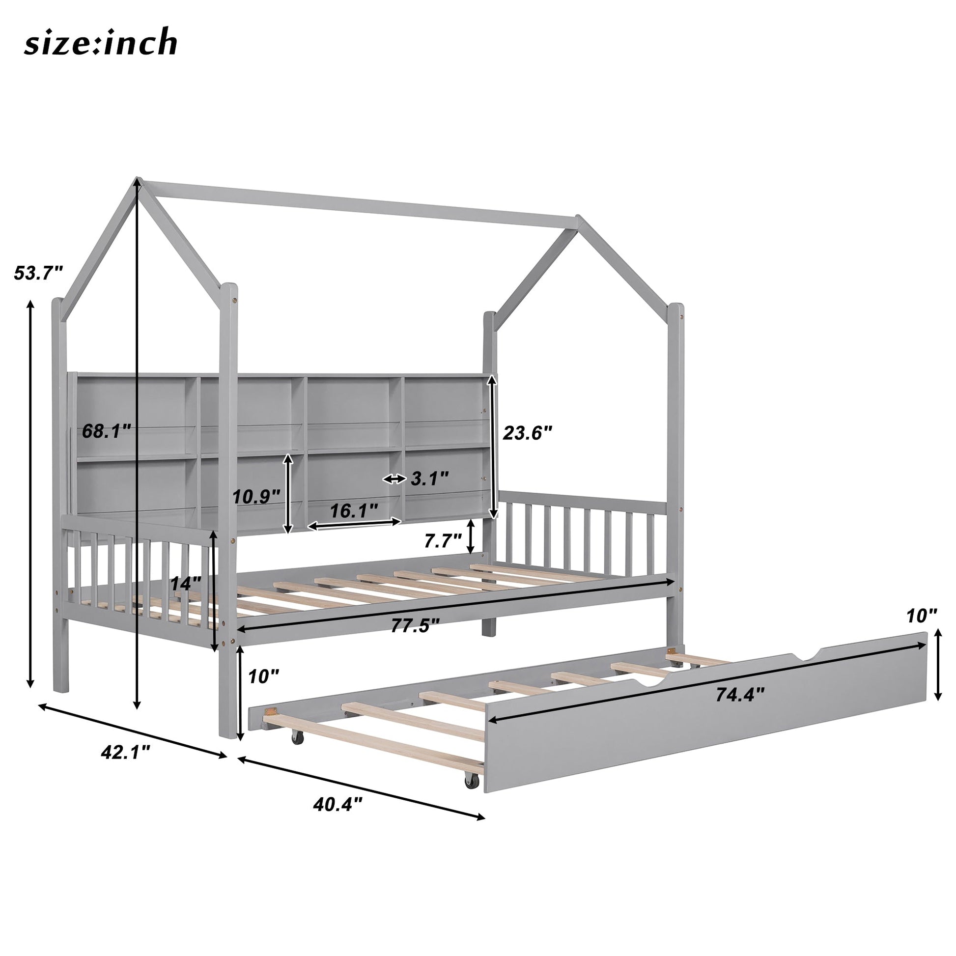 Twin Size House Bed with Trundle in Gray