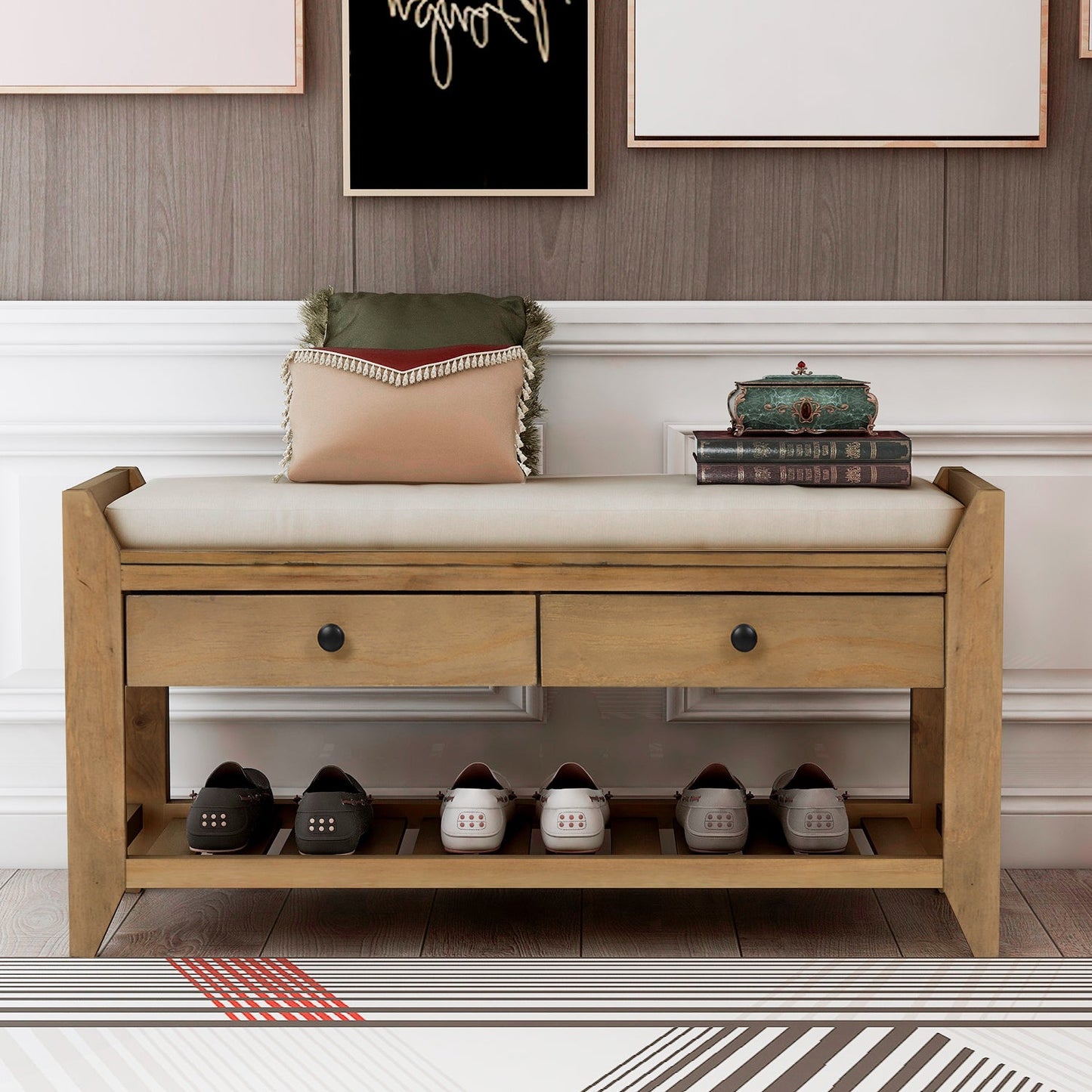 TREXM Entryway Storage Bench with Shoe Rack - Old Pine