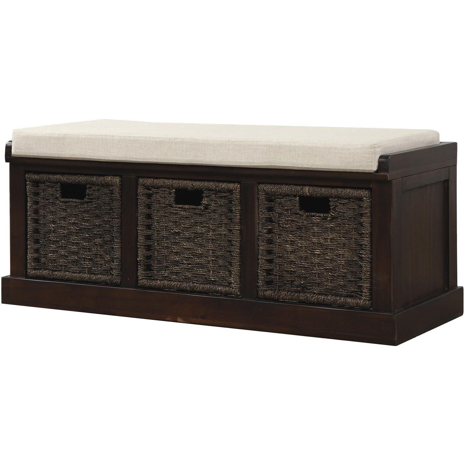 TREXM Rustic Storage Bench with 3 Removable Classic Rattan Basket - Espresso