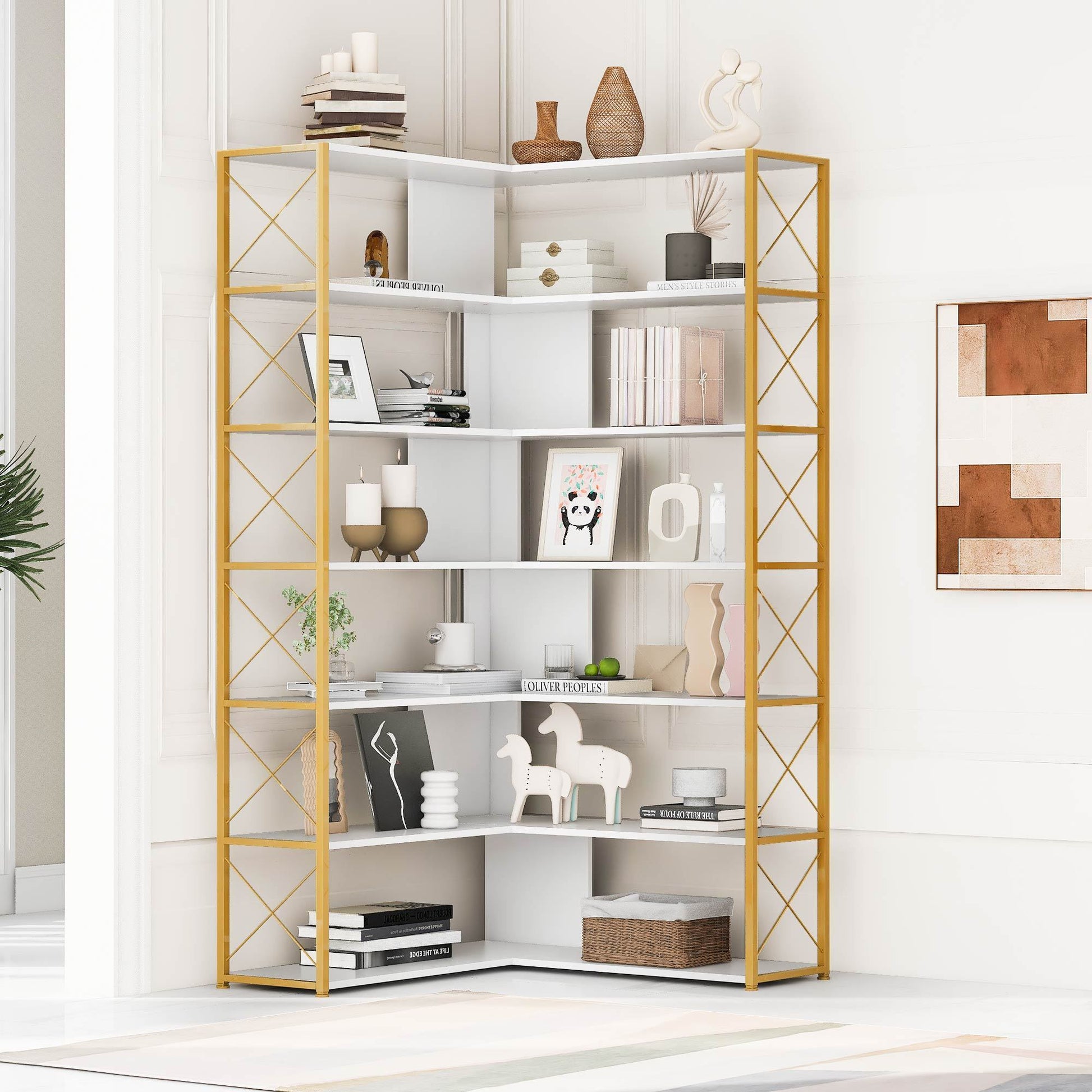 7-Tier L-Shaped Corner Bookcase with Metal Frame