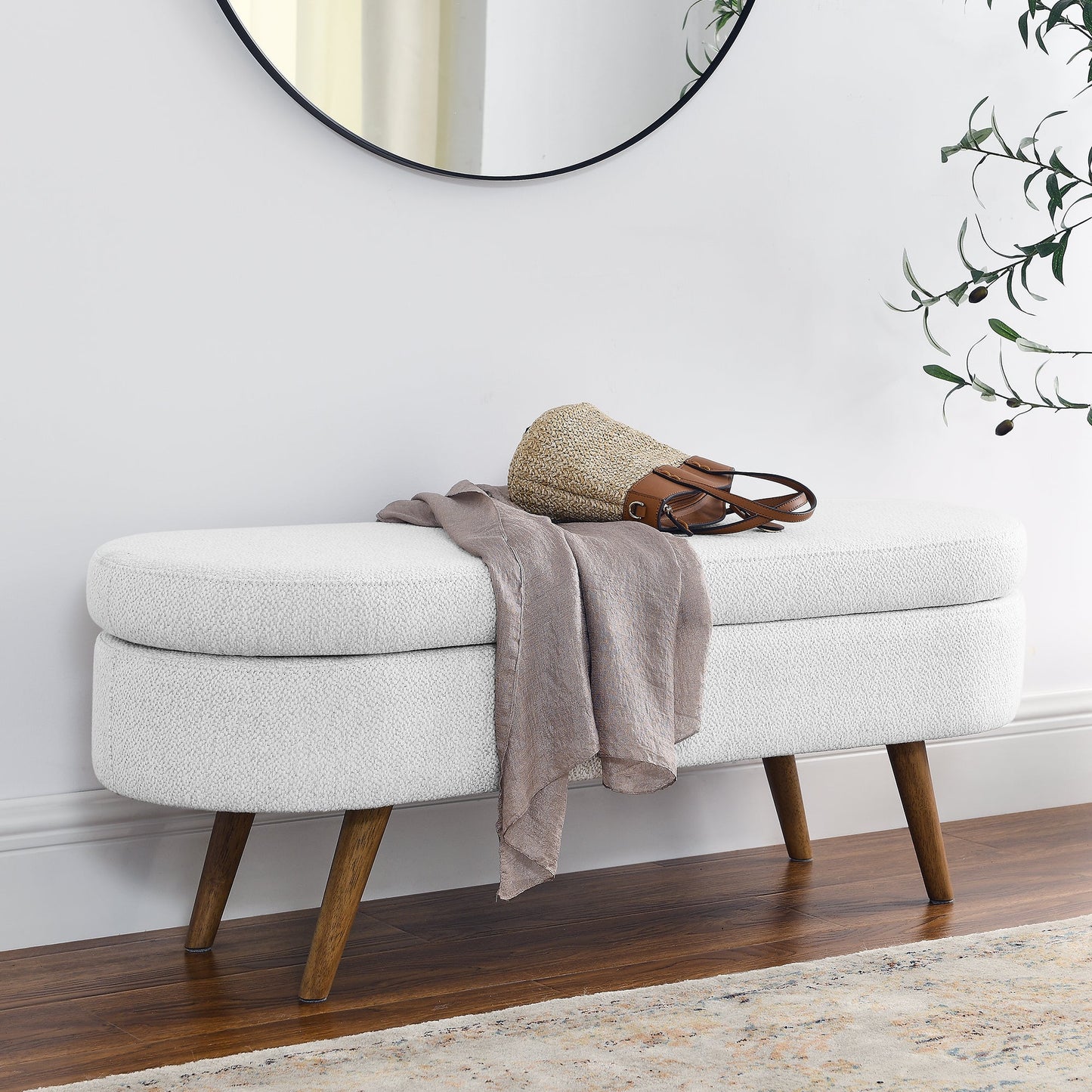 Oval Storage Bench with Angled Walnut Legs