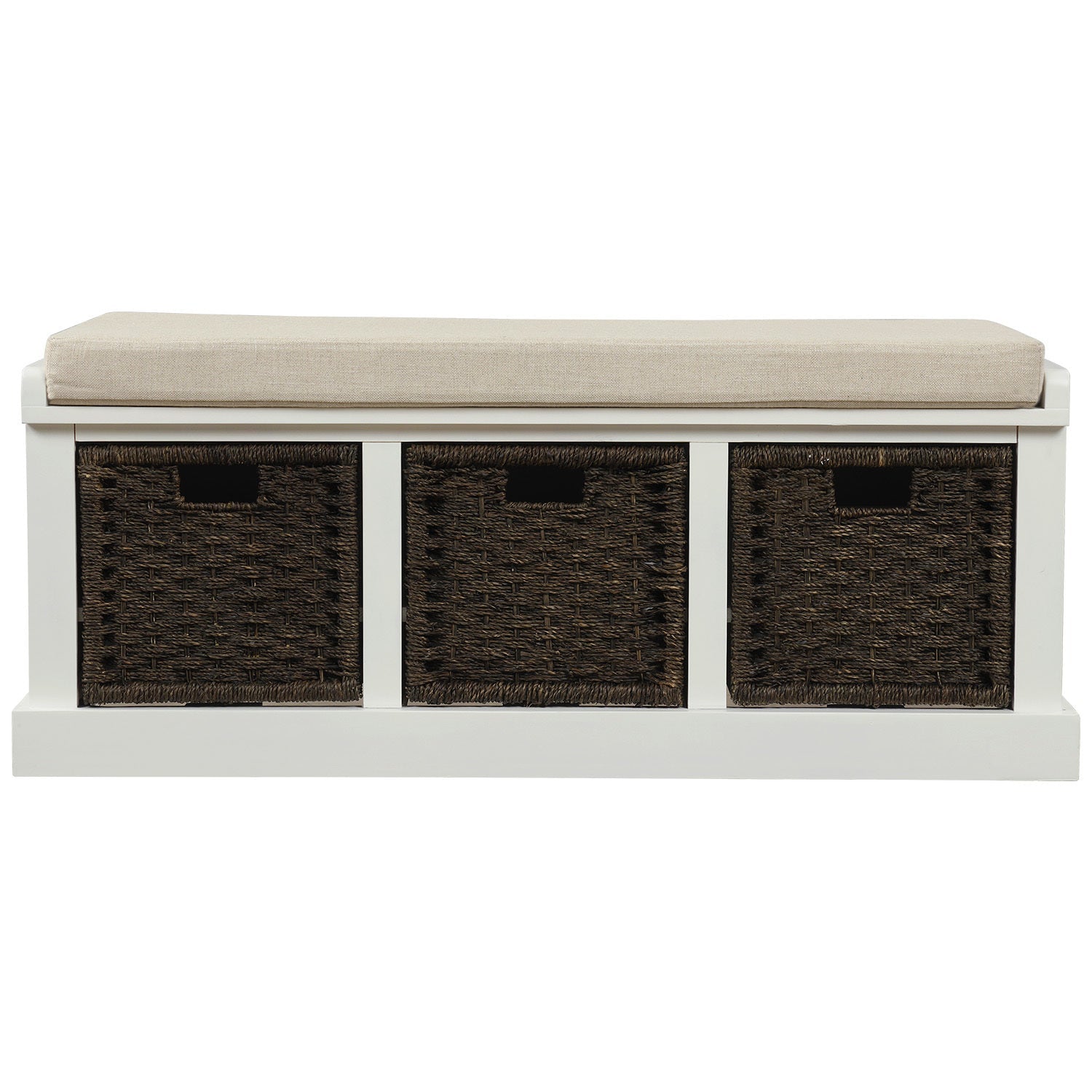 TREXM Rustic Storage Bench with 3 Removable Classic Rattan Baskets - White