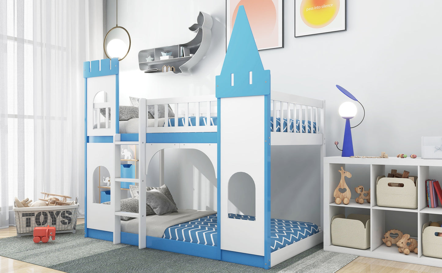 Twin Over Twin Castle Bunk Bed with Ladder - Blue