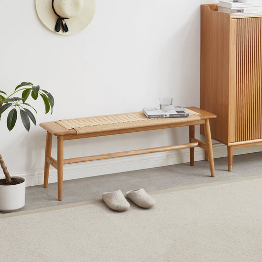 Woven Design Natural Solid Oak Wood Bench