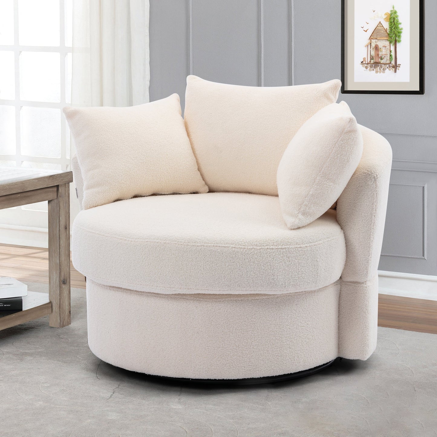 Modern Akili Swivel Barrel Chair in Plush Teddy Fabric