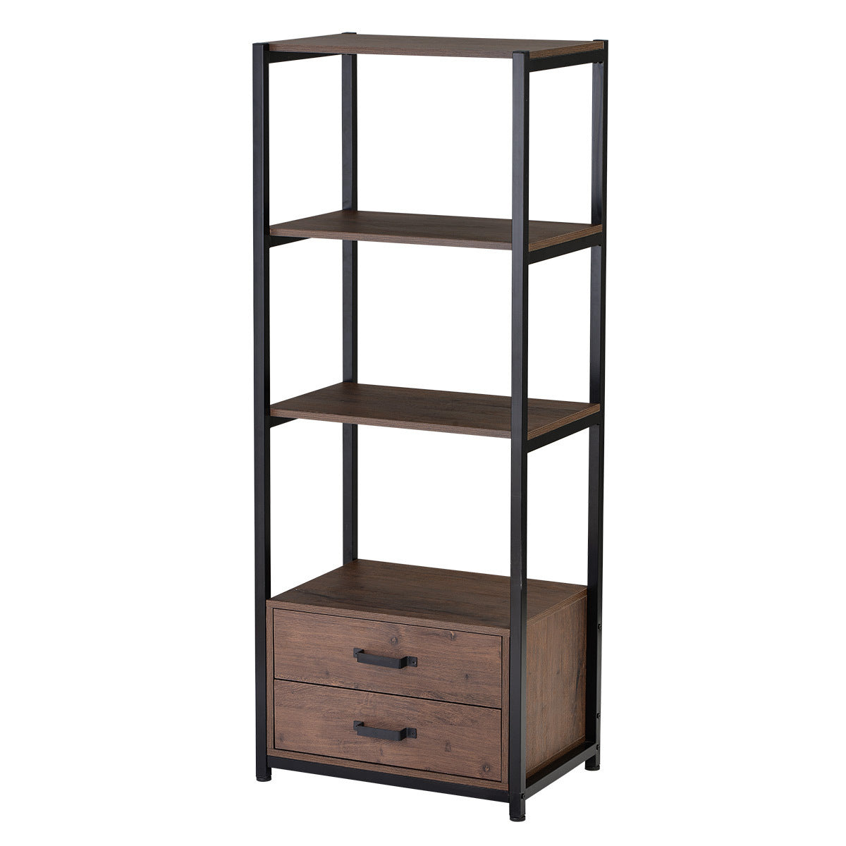 4-Tier Bookshelf Industrial Bookcase with 4 Open Storage Shelves and Two Drawers