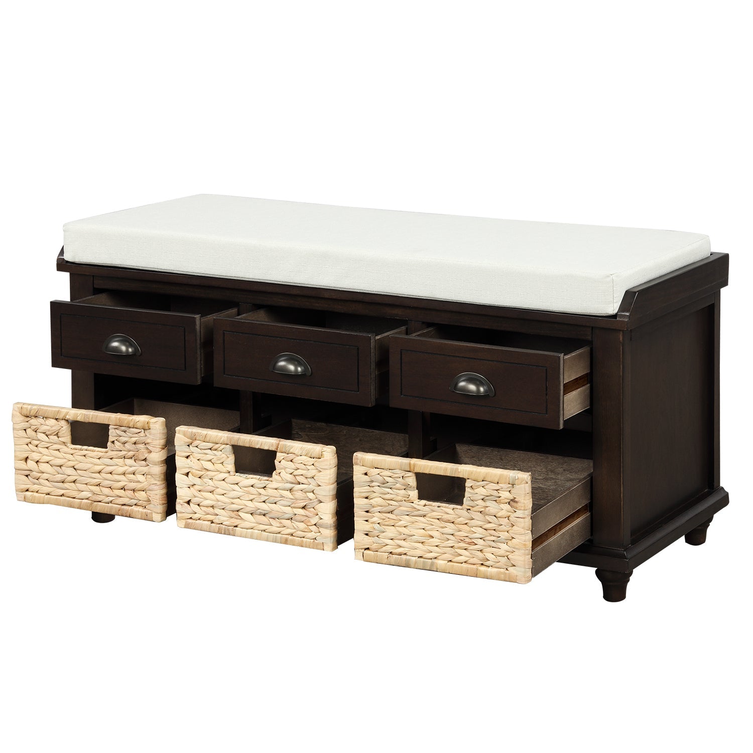 TREXM Rustic Storage Bench with 3 Drawers and 3 Rattan Baskets - Espresso