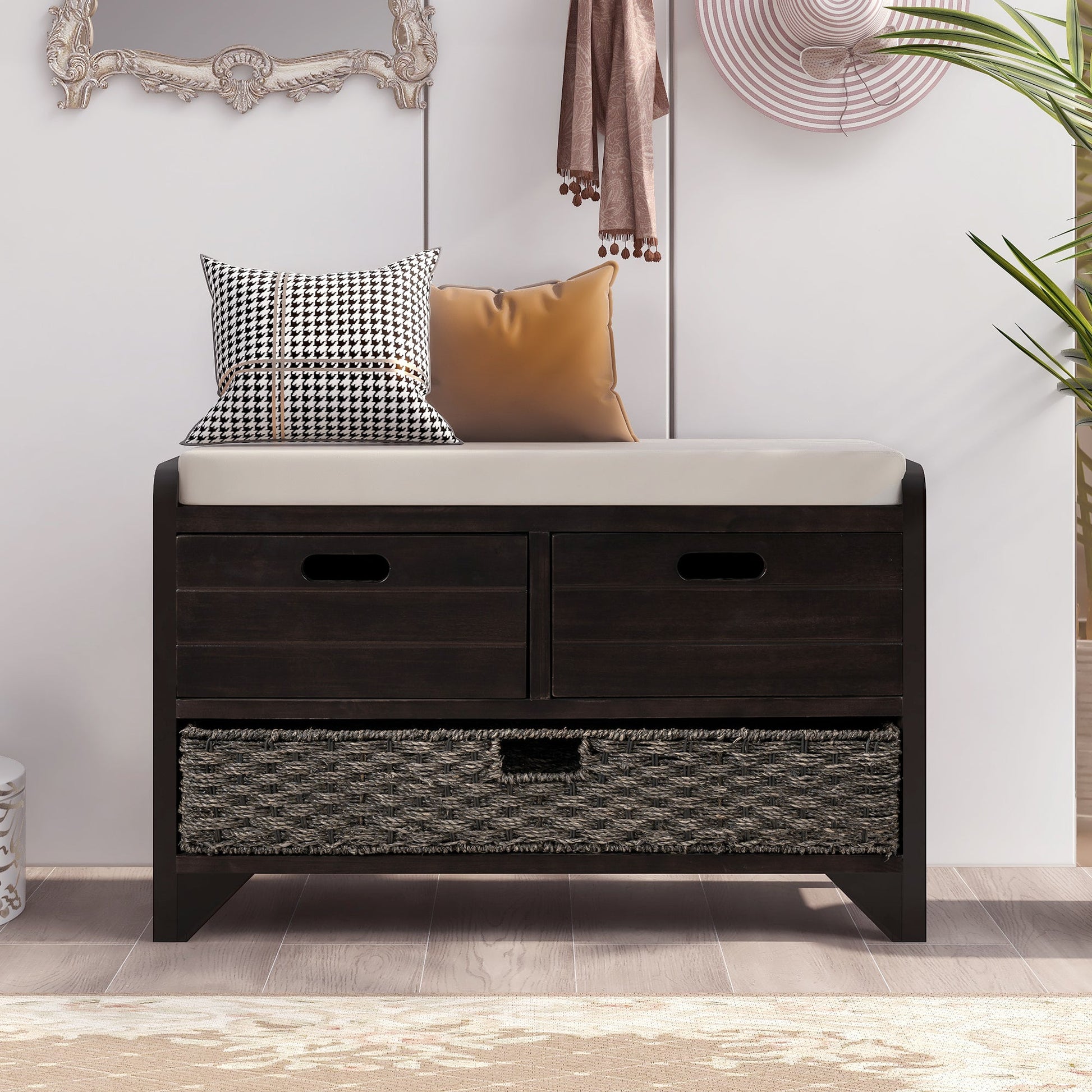 TREXM Storage Bench with Removable Basket and 2 Drawers - Espresso