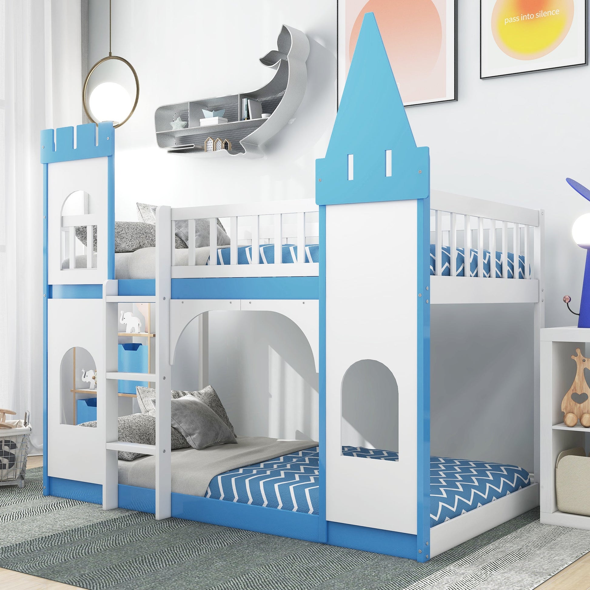 Twin Over Twin Castle Bunk Bed with Ladder - Blue