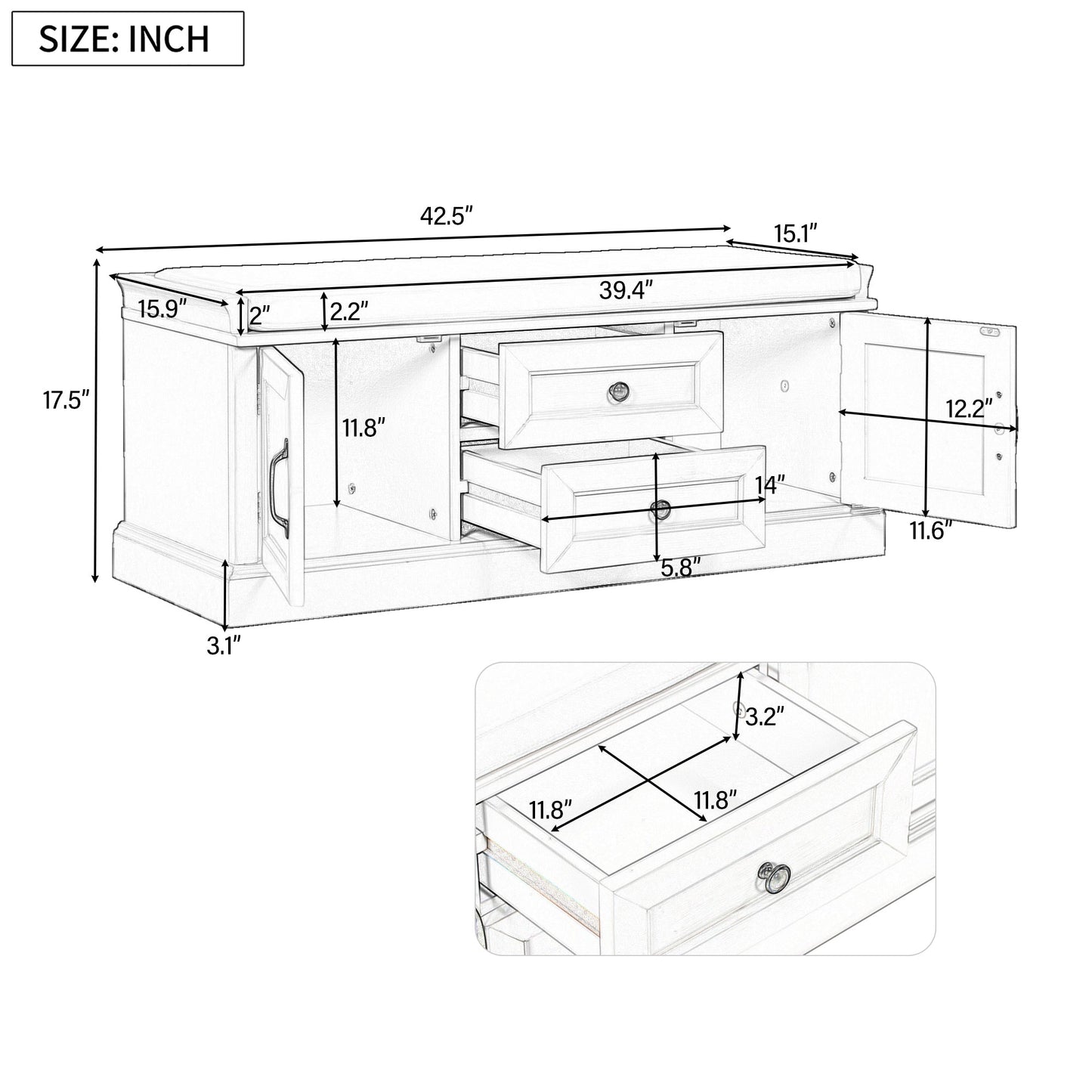 TREXM Storage Bench with 2 Drawers and 2 Cabinets - Black