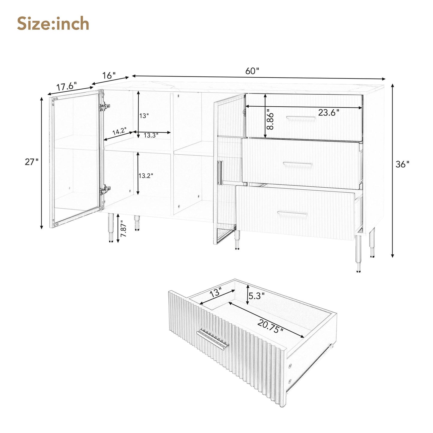 TREXM Modern Sideboard Cabinet Marble Sticker Tabletop and Amber-Yellow