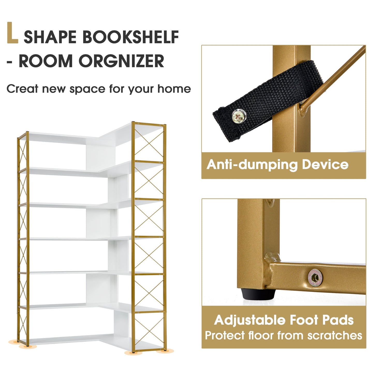 7-Tier L-Shaped Corner Bookcase with Metal Frame