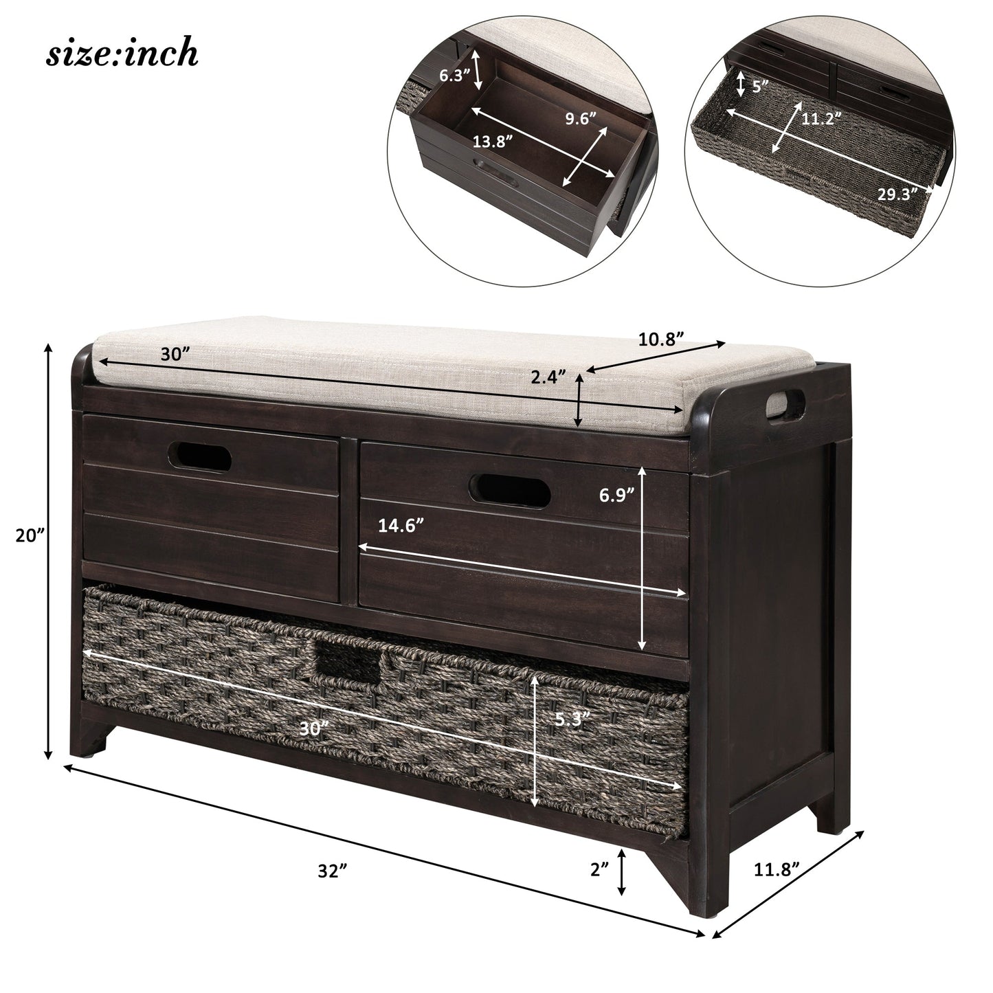 TREXM Storage Bench with Removable Basket and 2 Drawers - Espresso