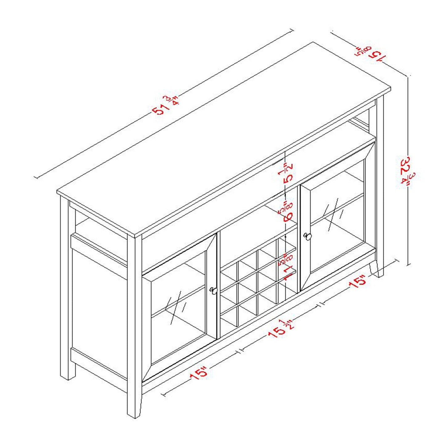 52" Sideboard, Dining Server Buffet Cabinet with Wine Rack, Black