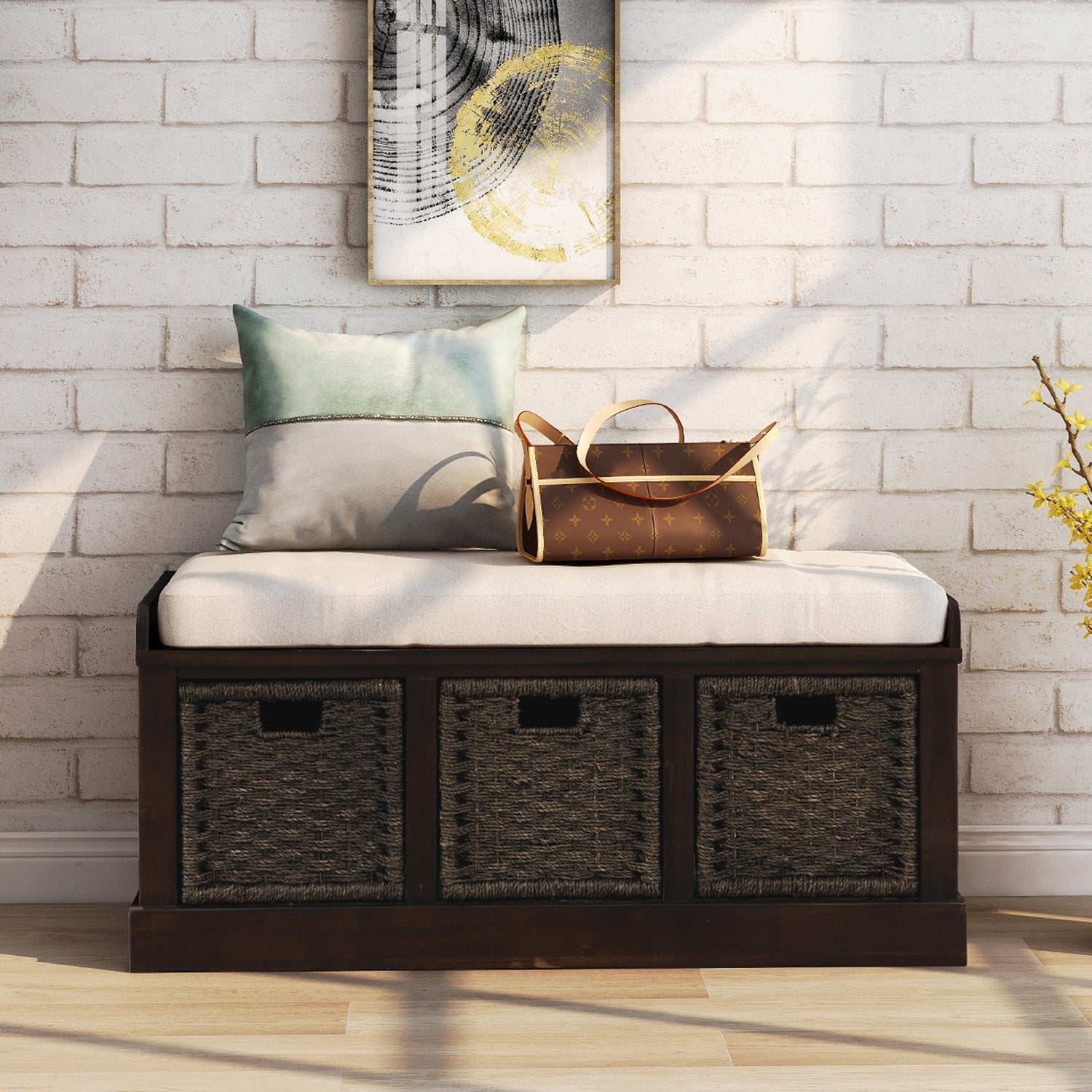 TREXM Rustic Storage Bench with 3 Removable Classic Rattan Basket - Espresso