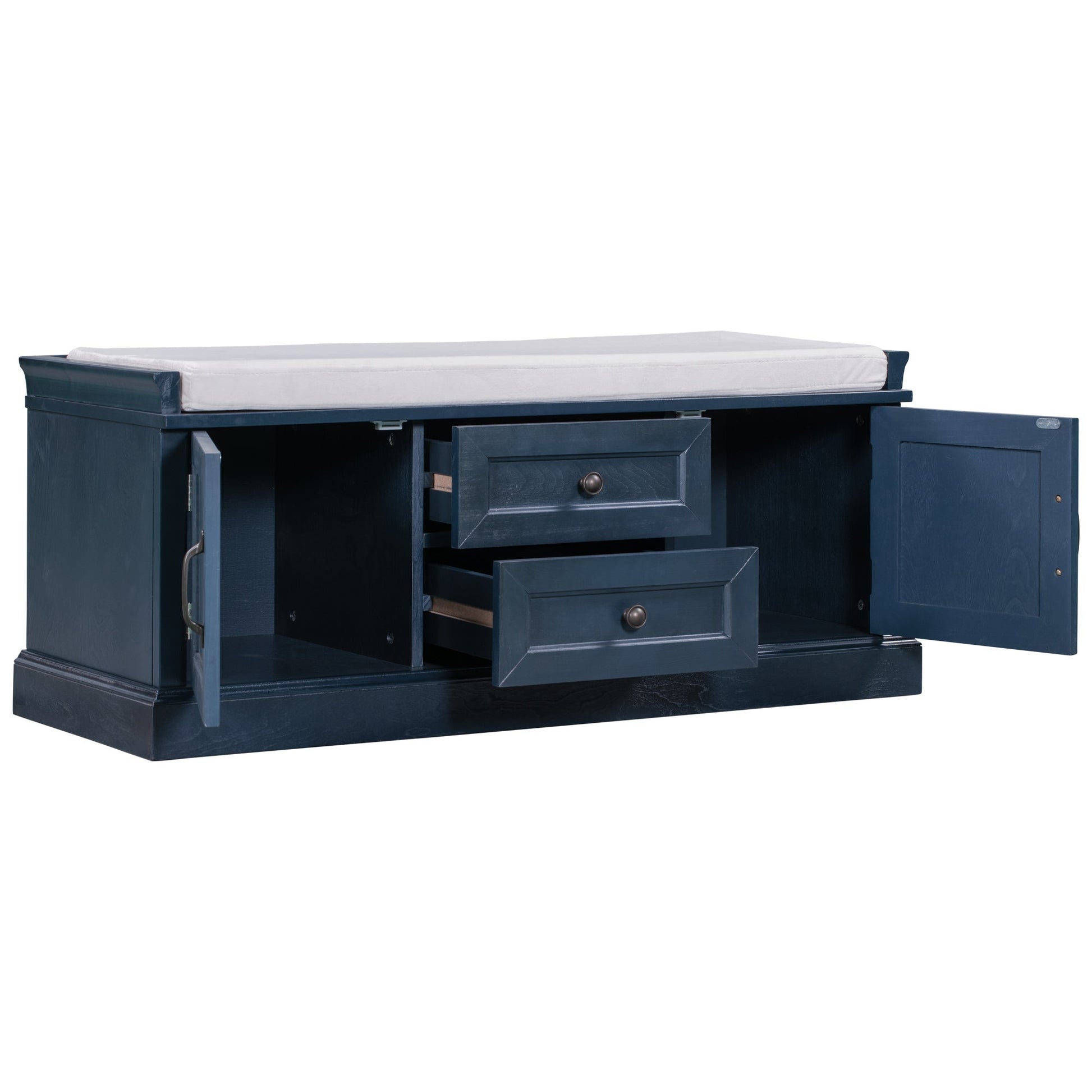 TREXM Storage Bench with 2 Drawers and 2 Cabinets & Removable Cushion - Antique Navy