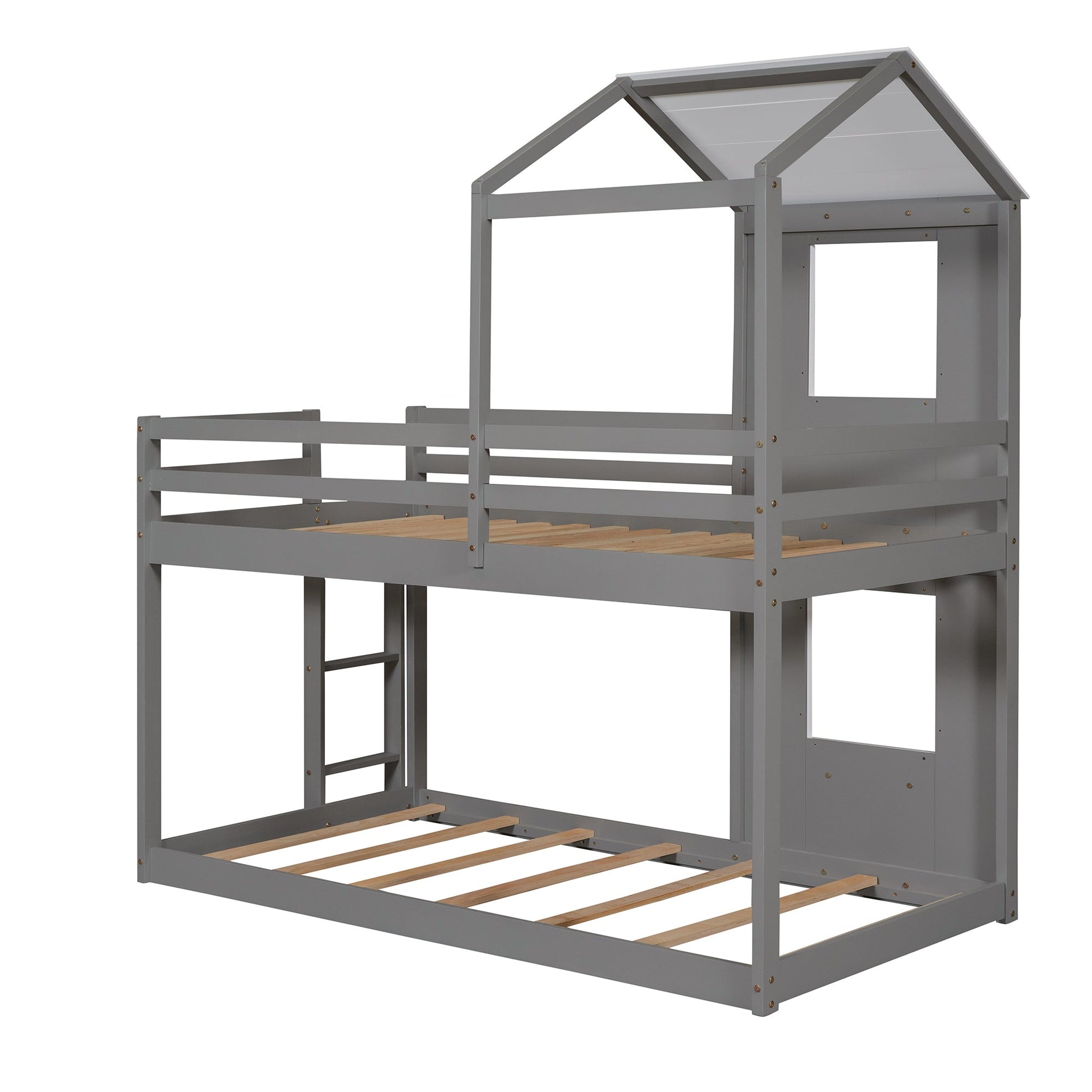 Twin Over Twin Bunk Bed Wood Bed with Roof, Window, Guardrail, Ladder Gray & White