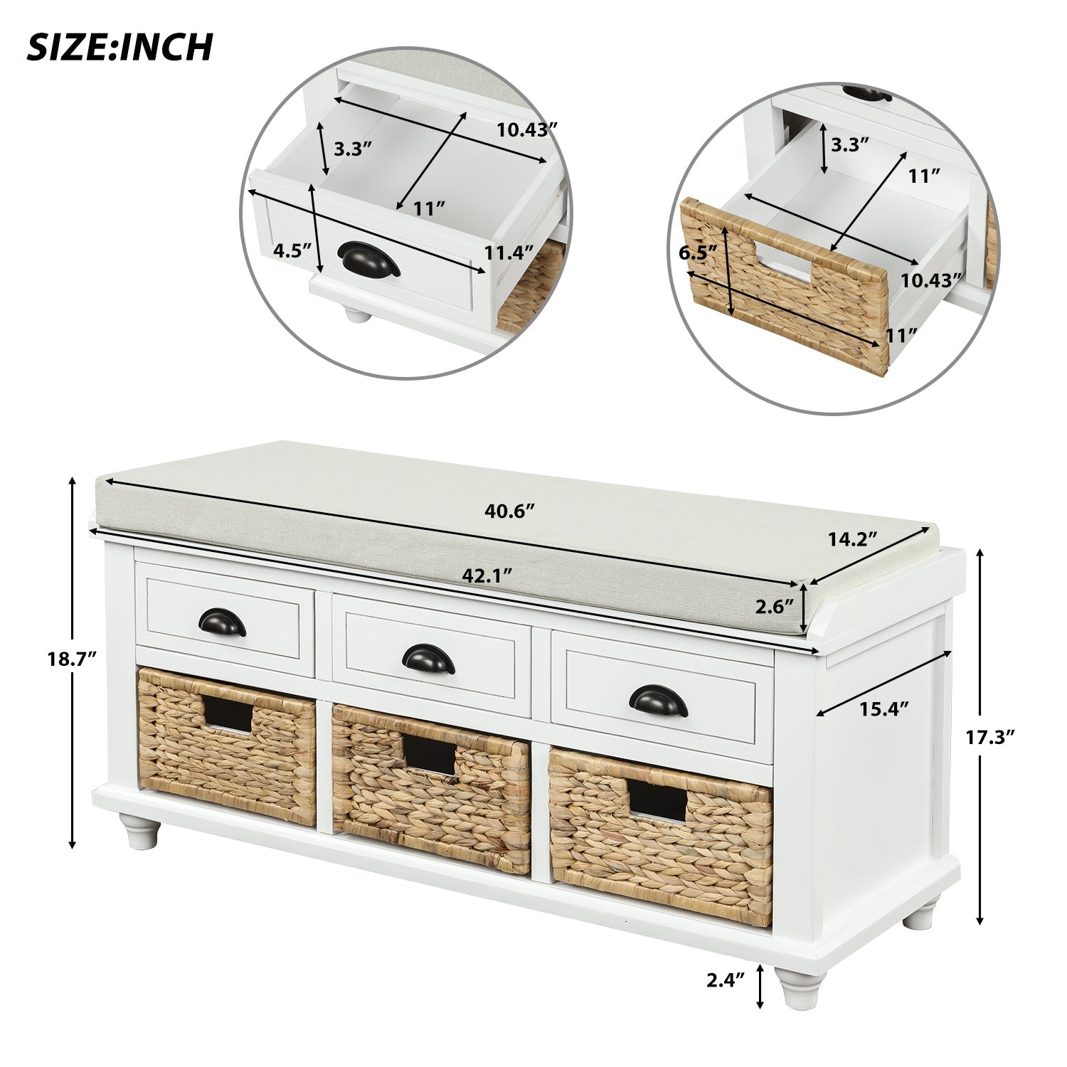 TREXM Rustic Storage Bench with 3 Drawers and 3 Rattan Baskets - White