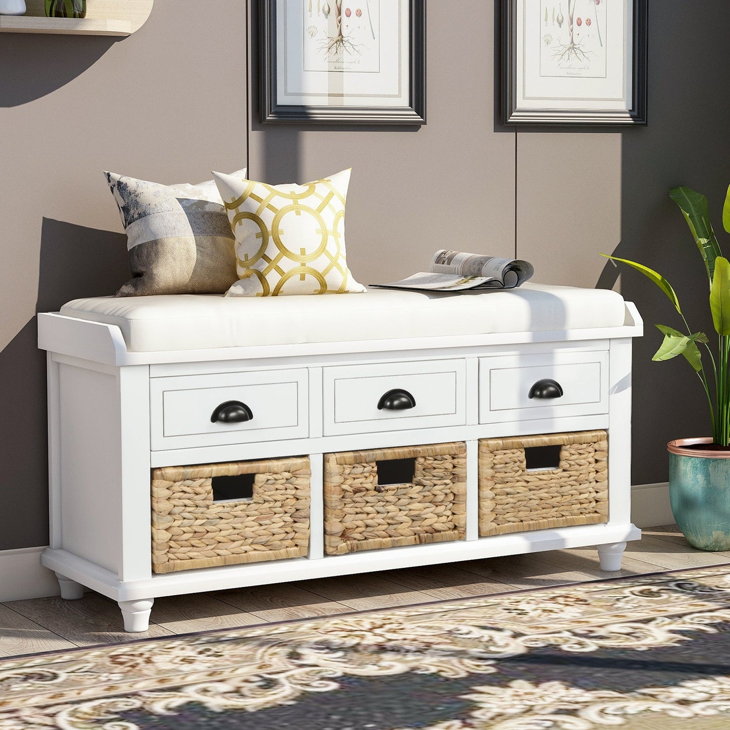 TREXM Rustic Storage Bench with 3 Drawers and 3 Rattan Baskets - White