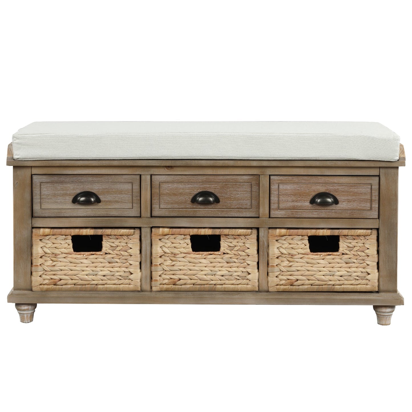 TREXM Rustic Storage Bench with 3 Drawers and 3 Rattan Baskets - White Wash