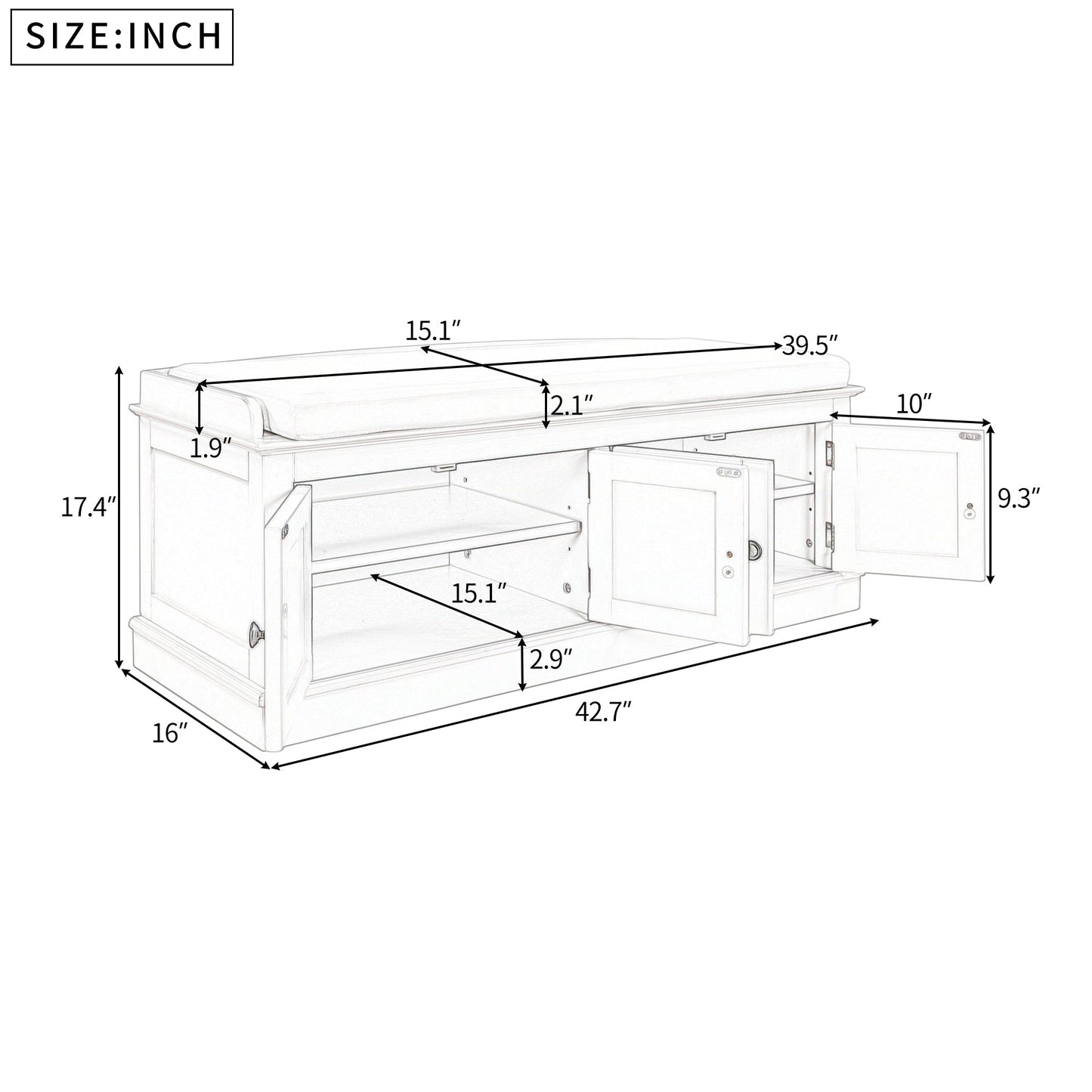 TREXM Storage Bench with 4 Doors and Adjustable Shelves - White