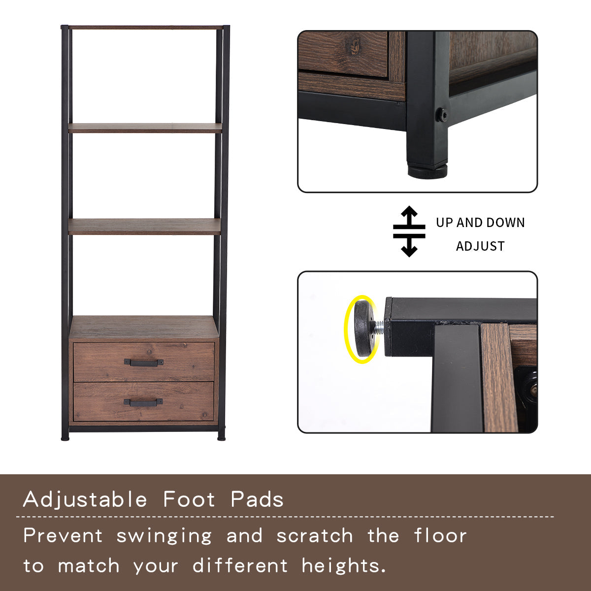 4-Tier Bookshelf Industrial Bookcase with 4 Open Storage Shelves and Two Drawers