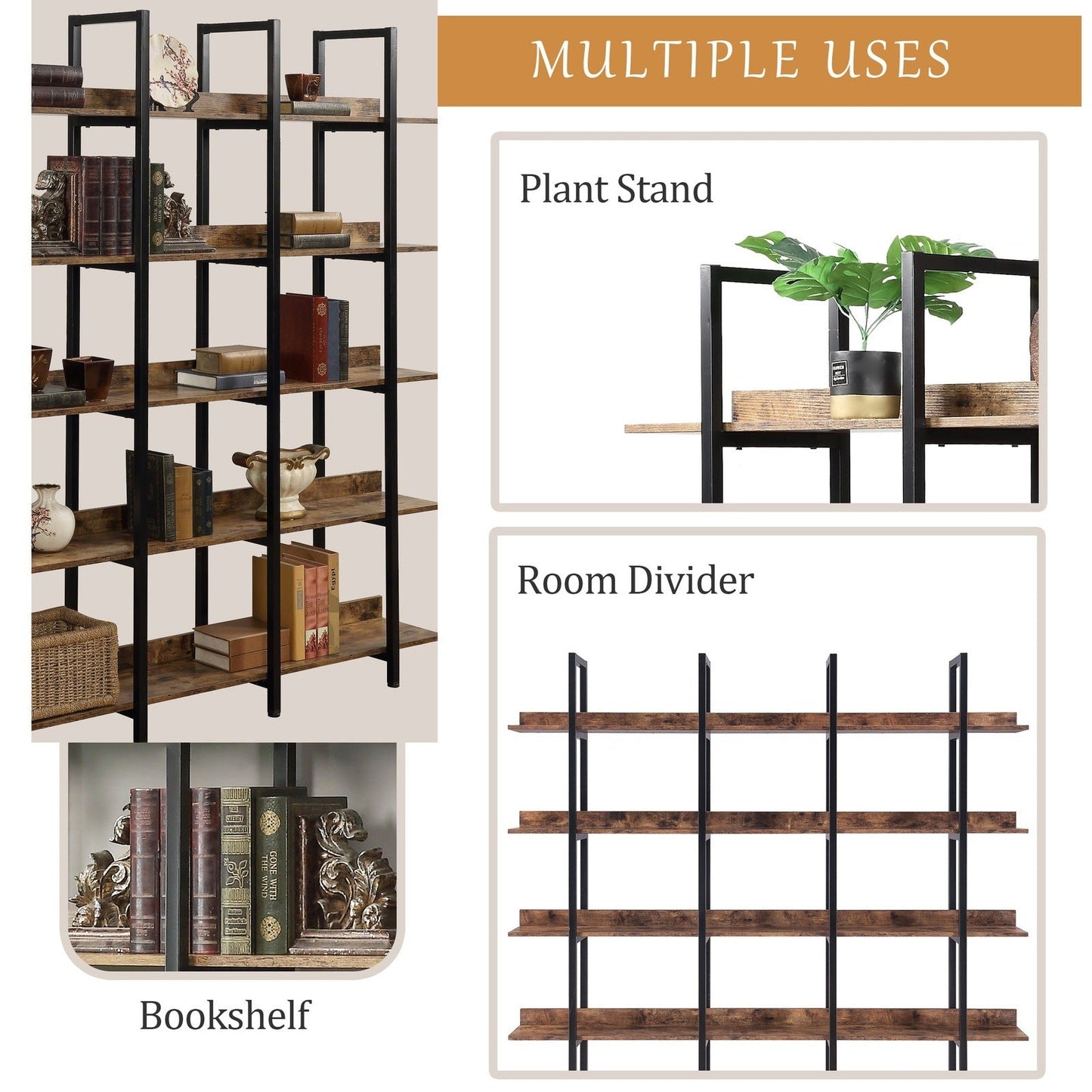 Vintage Industrial Style 5-Tier Bookcase