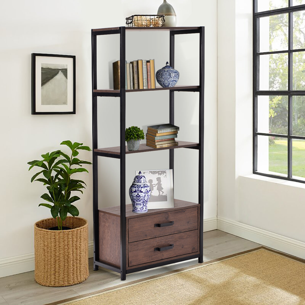 4-Tier Bookshelf Industrial Bookcase with 4 Open Storage Shelves and Two Drawers