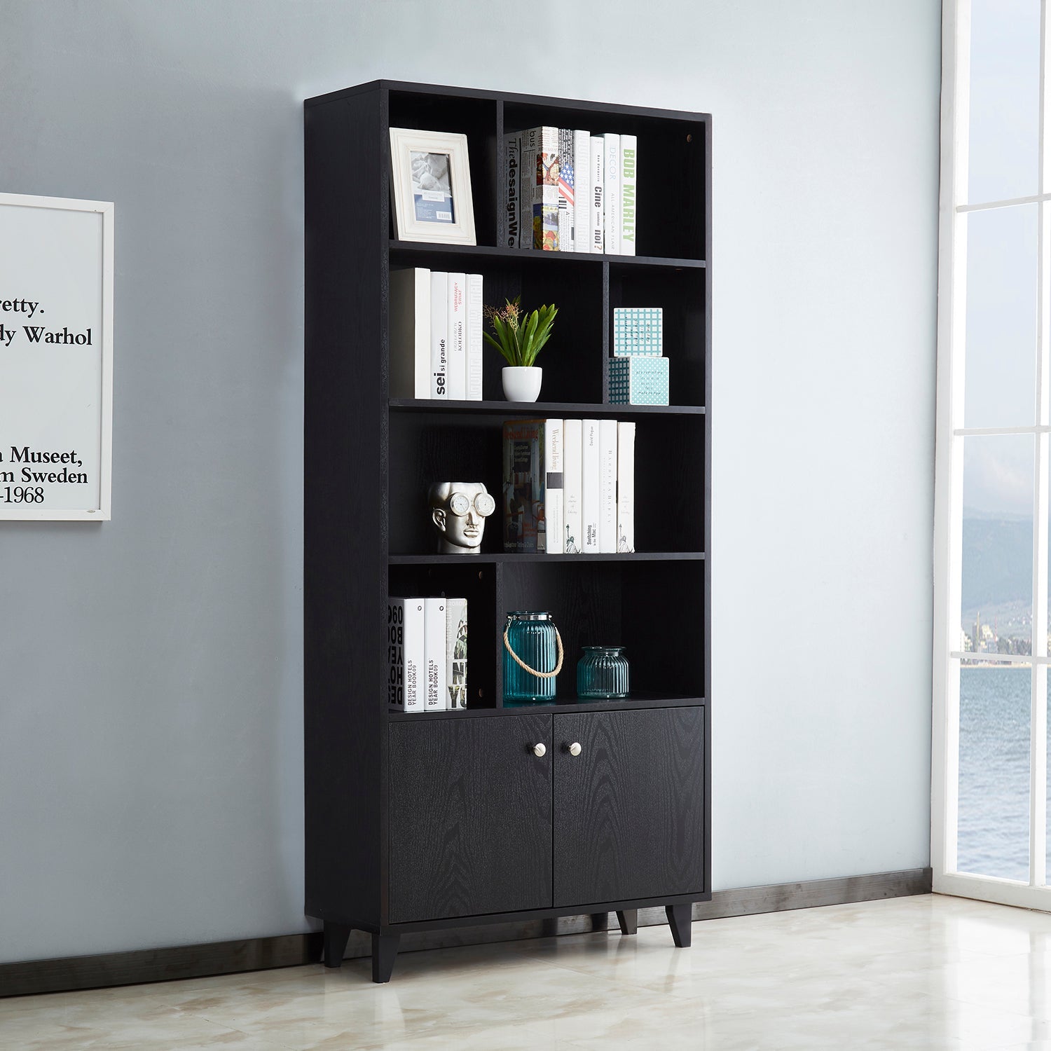 68" Bookcase with 2 Doors - Black