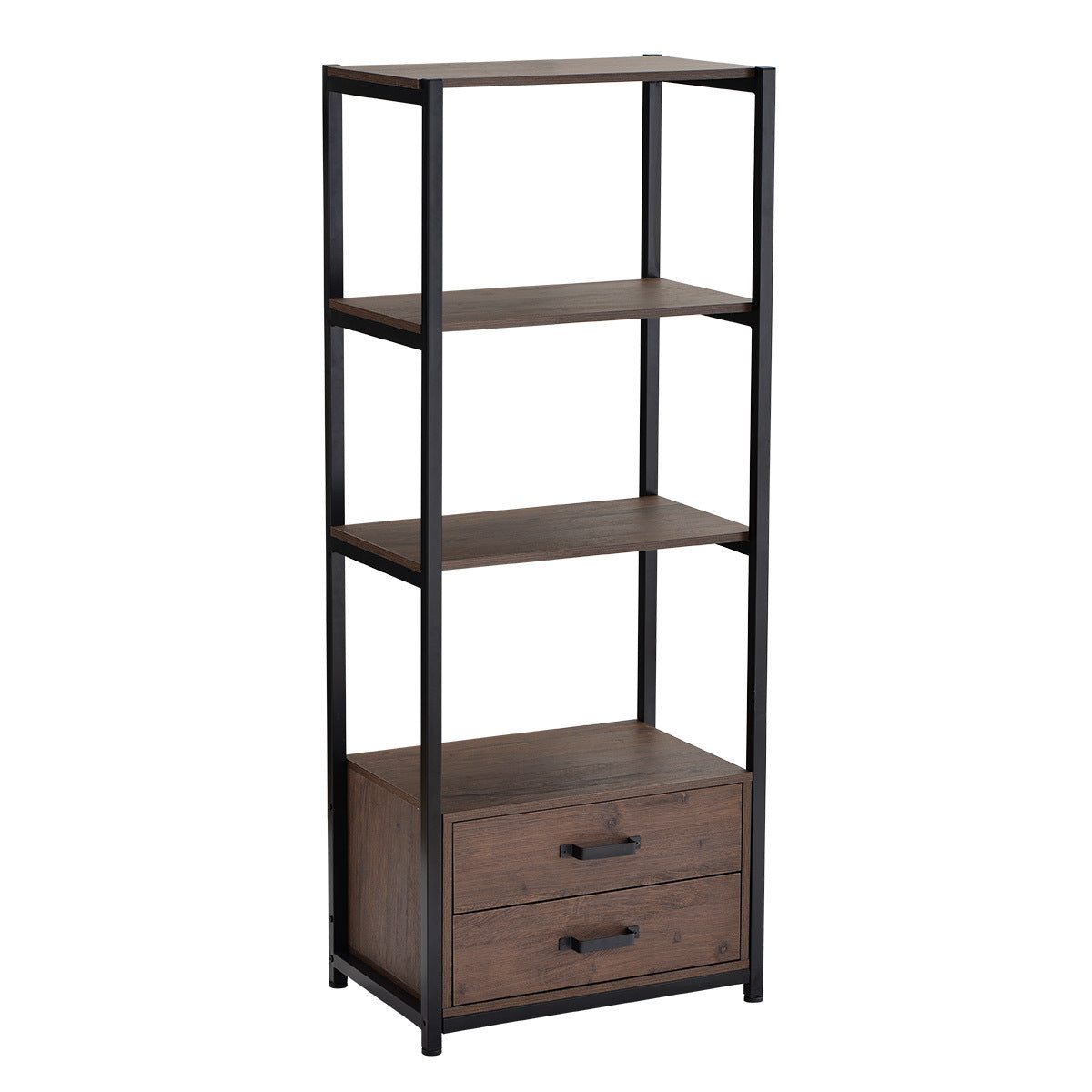 4-Tier Bookshelf Industrial Bookcase with 4 Open Storage Shelves and Two Drawers