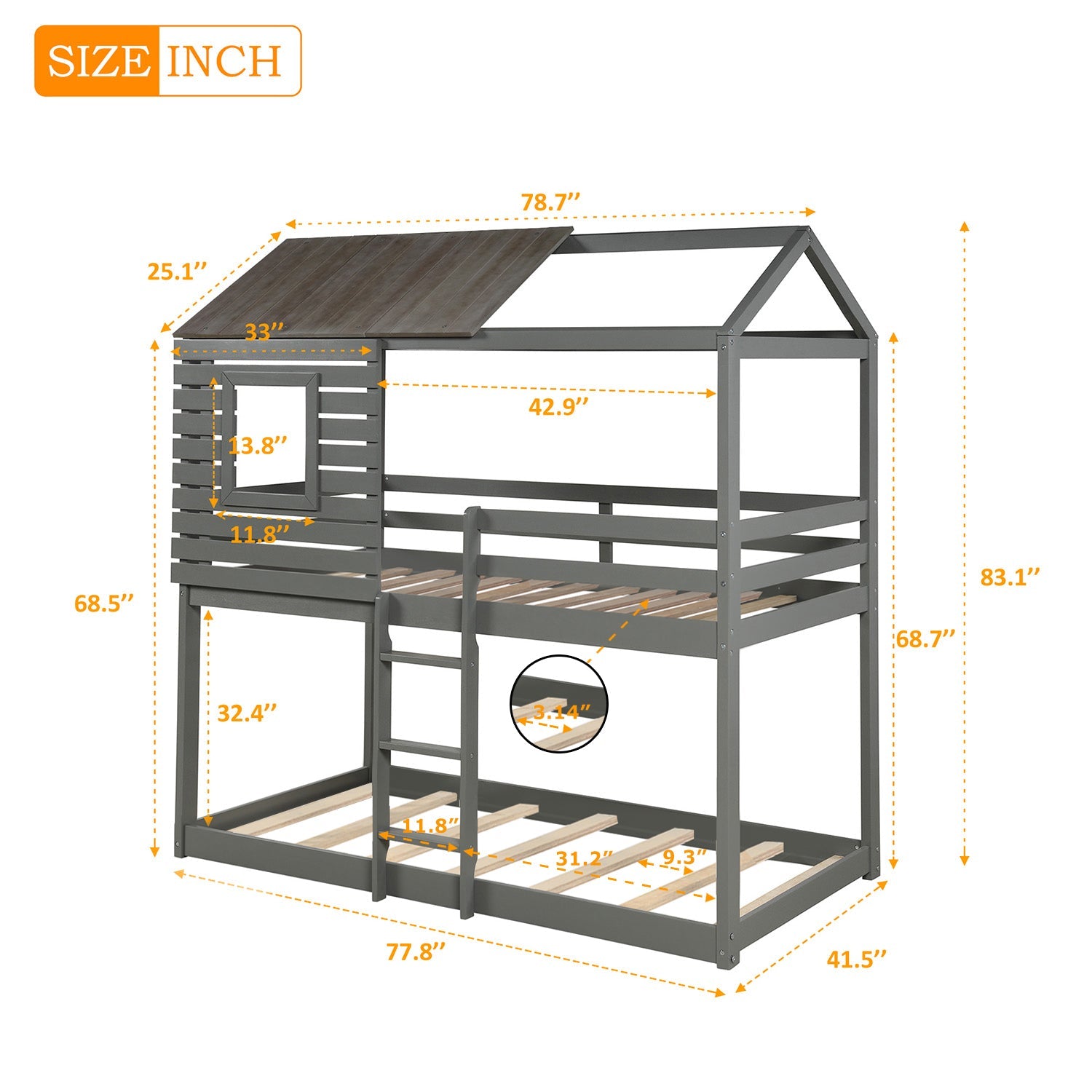 Twin over Twin House Theme Bunk Bed in Gray