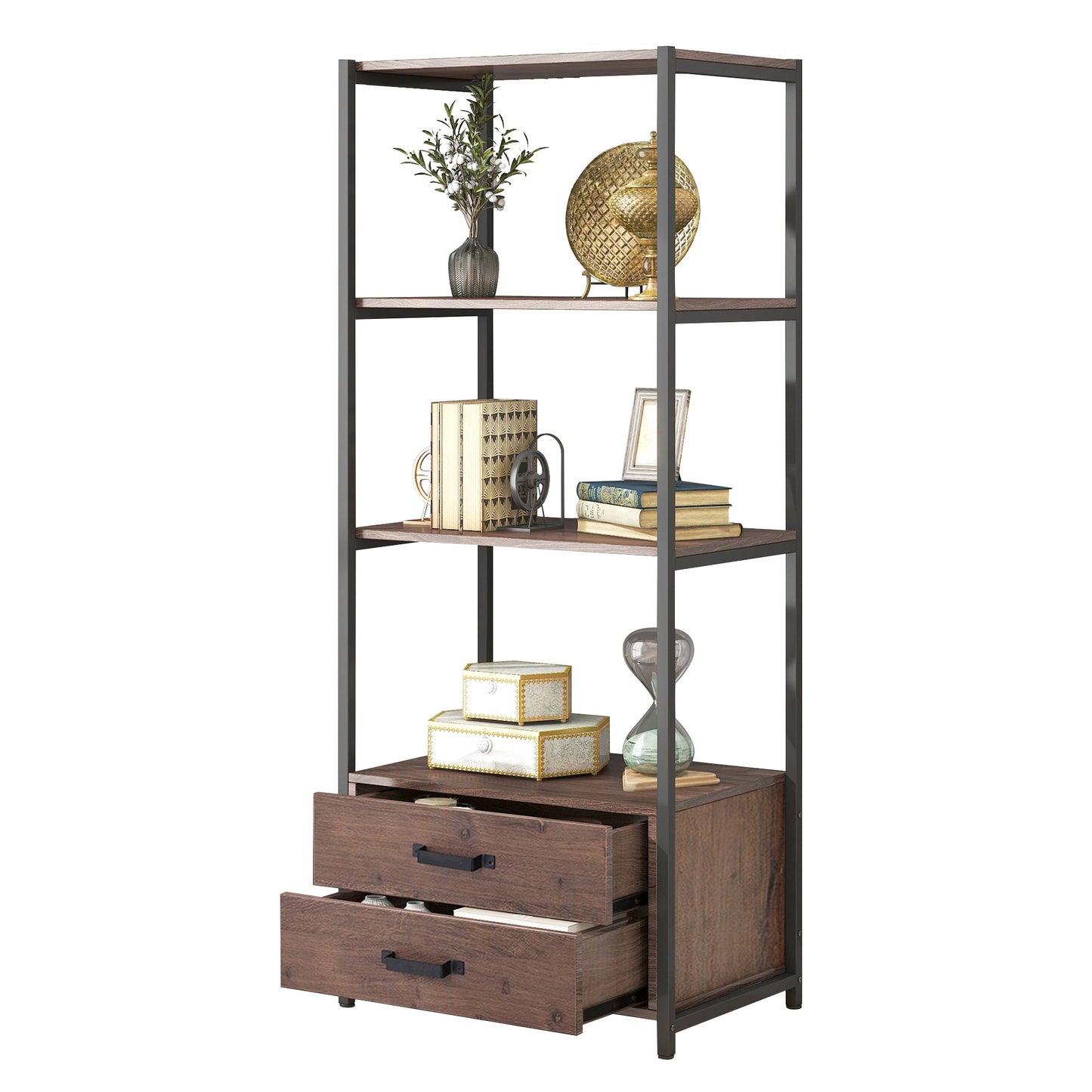 4-Tier Bookshelf Industrial Bookcase with 4 Open Storage Shelves and Two Drawers