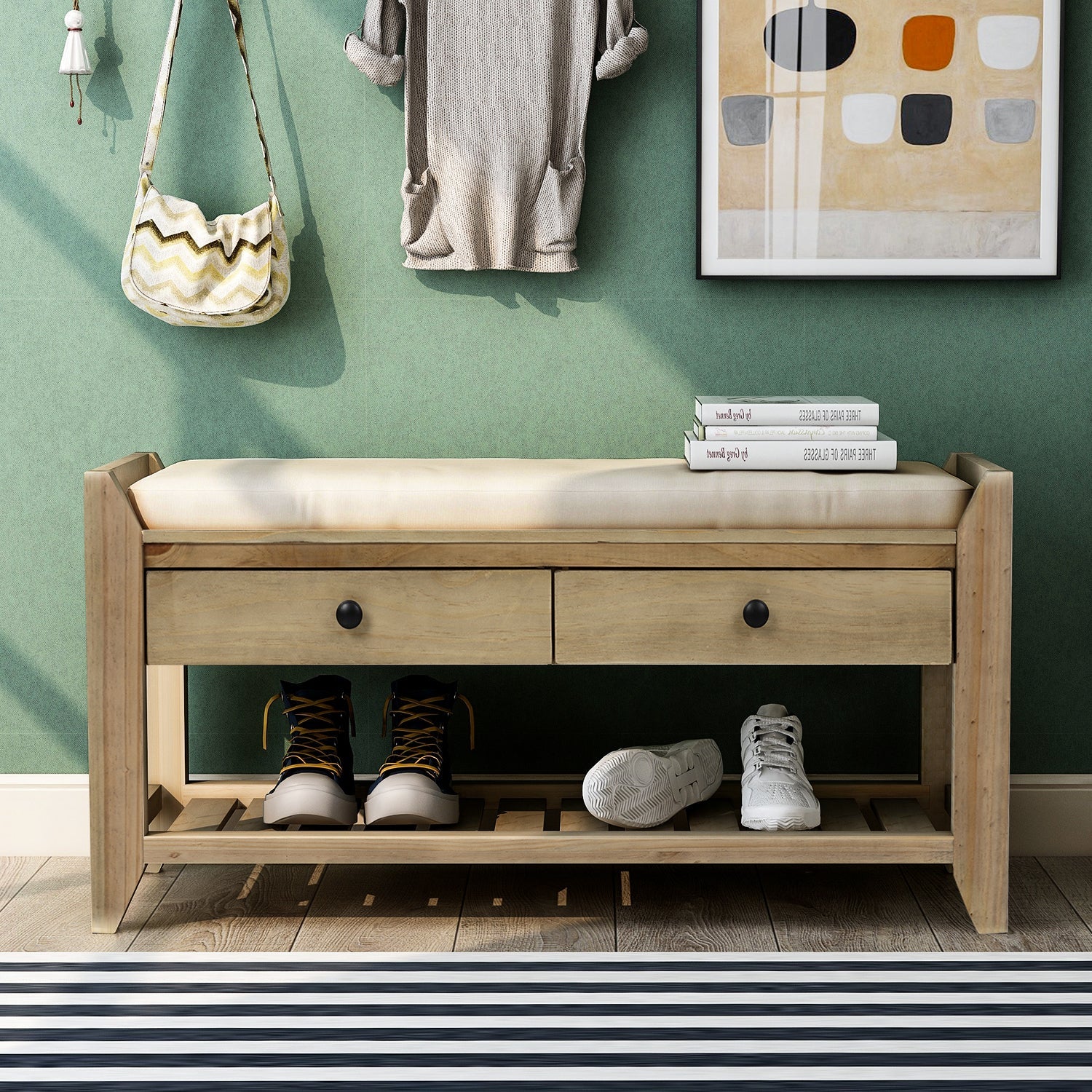 TREXM Entryway Storage Bench with Shoe Rack - Gray Wash