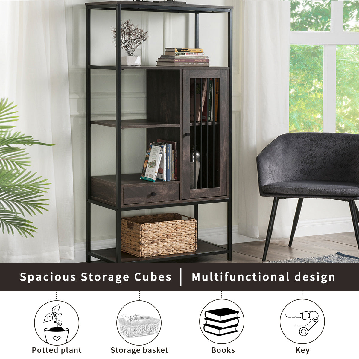 5 Tier Freestanding Multi-functional Decorative Storage Shelving in Vintage Brown